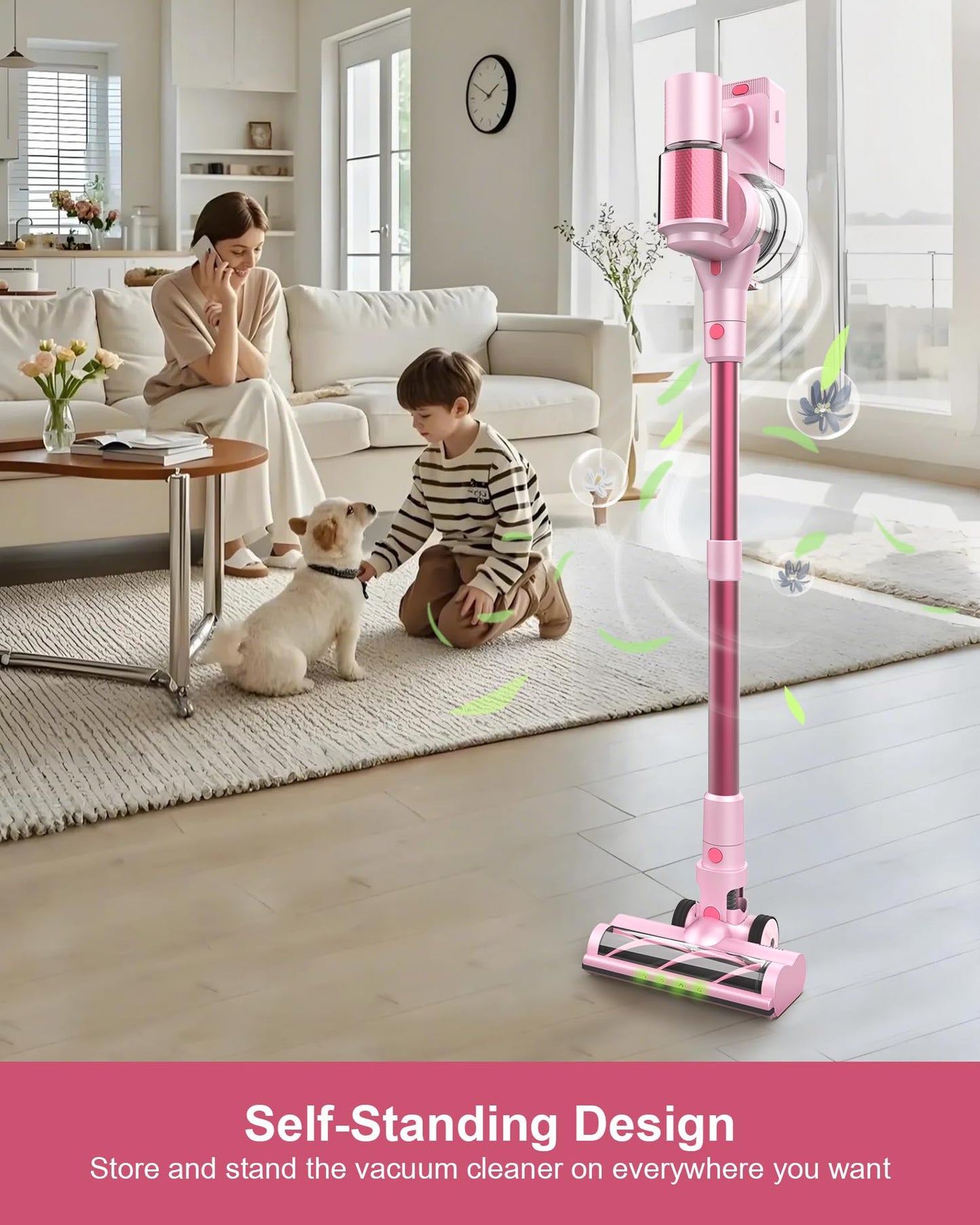 AOKOAK Pink Cordless Vacuum Cleaner, 45Kpa/550W/60 Mins Runtime Stick Vacuum with Self-Standing and Touch Screen, Anti-Tangle Wireless Vacumm, Vacuum Cleaners for Home/Pet Hair/Carpets/Floors