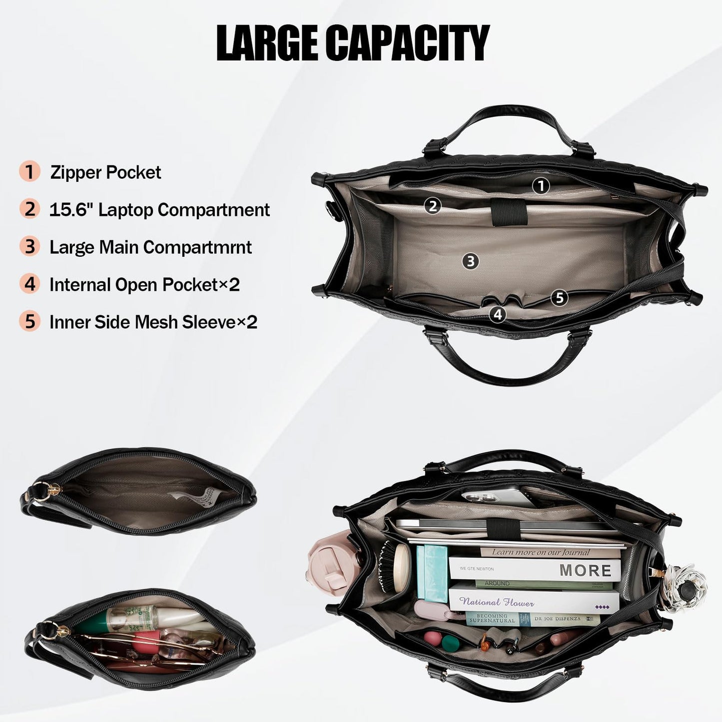 KKXIU Updated 2-in-1 Insulated Lunch Bag & 15.6 Inch Laptop Tote for Women, Large Capacity Thermal Meal Bag with Padded Laptop Compartment, Quilted Work Bag for Office, Teacher, Commuter (Black)