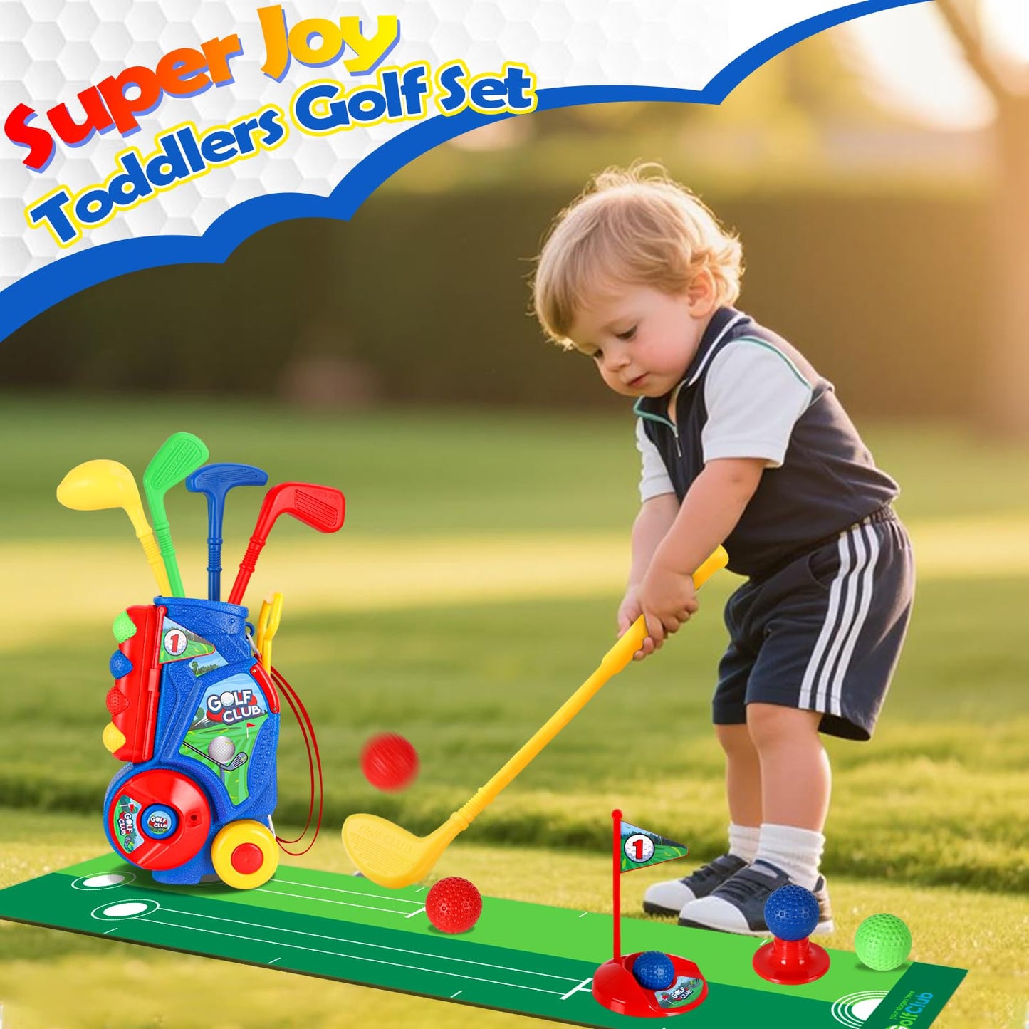 SUPER JOY Toddler Golf Set with Mat, Kids Golf Cart with 4 Clubs & 8 Balls, Indoor Outdoor Golf Toys for Boys Girls, Mini Golf Gifts for Baby 3-5 Years Old