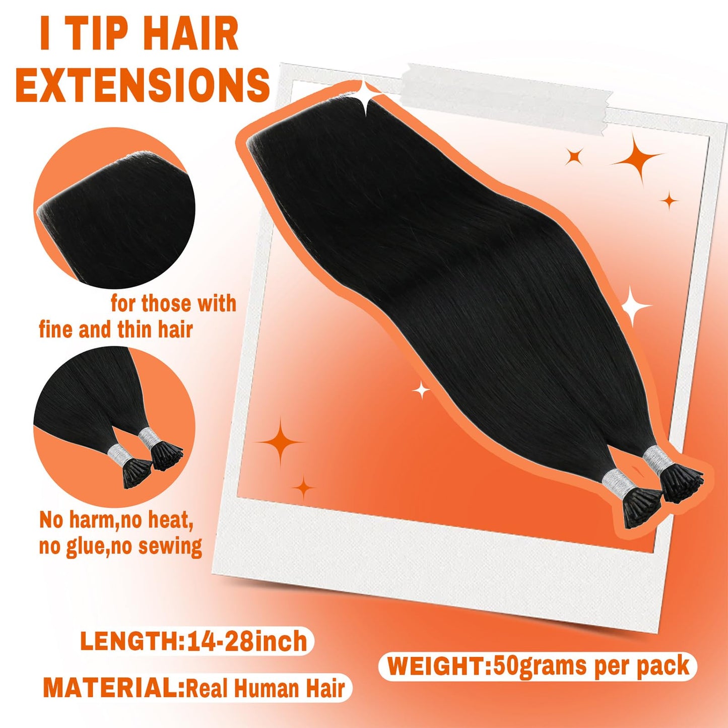 Sunny Hair Long I Tip Hair Extensions Black 24inch I Tips Hair Extensions Jet Black Itip Human Hair Soft I Tip Extensions for Women Tip Hair Extensions Hair for Wedding 50G