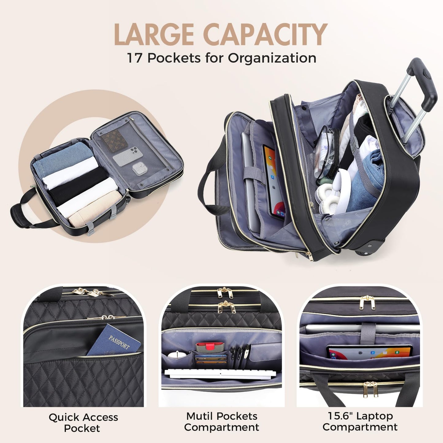 Ponhog Rolling Laptop Bag, 15.6 Inch Rolling Briefcase for Women with Wheels, Carry On Flight Approved Roller Computer Case for Travel Work College Business Wife Mom Teacher, Black