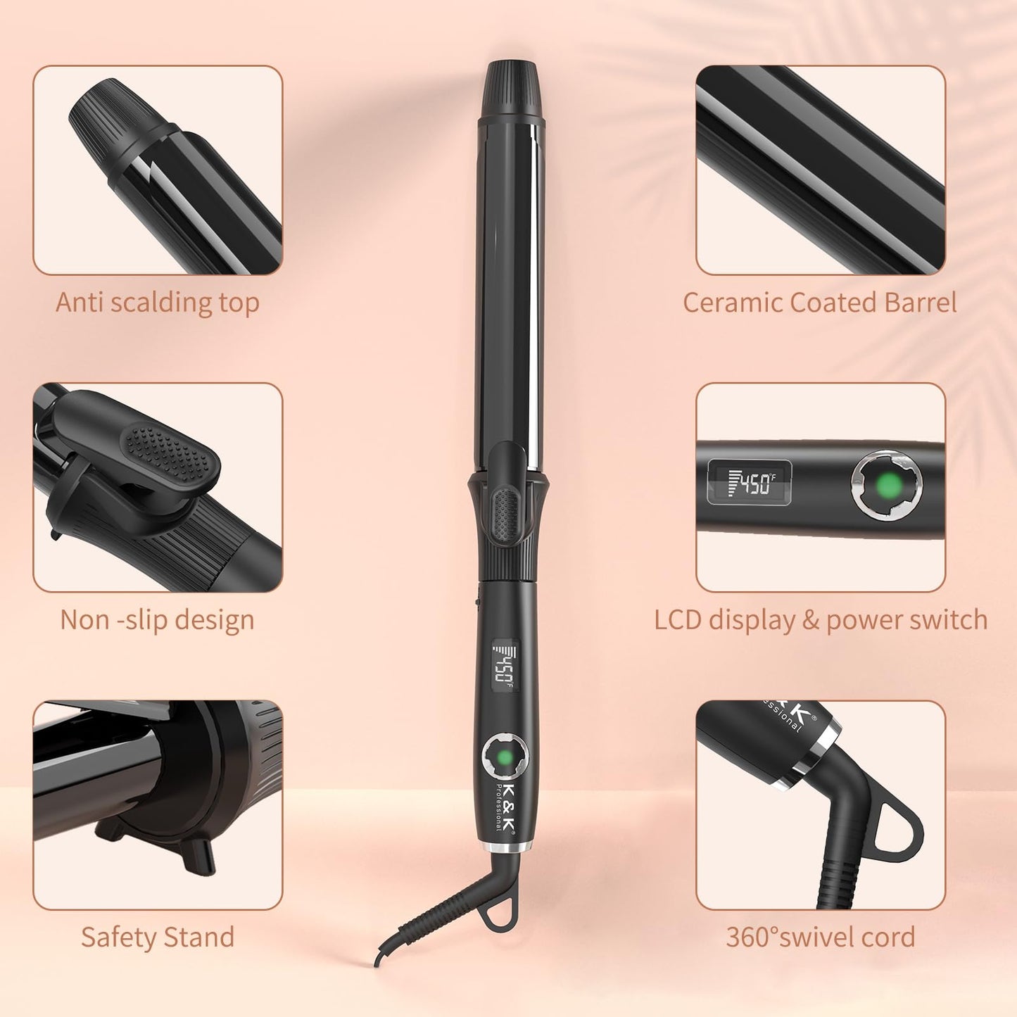 1 1/4 Inch Curling Iron with Clipped Tourmaline Ceramic Barrel Professional 1.25 Inch Hair Curler up to 450°F Dual Voltage for Traveling 60 Mins Auto Off Suit for Different (Black, 1.25 Inch)