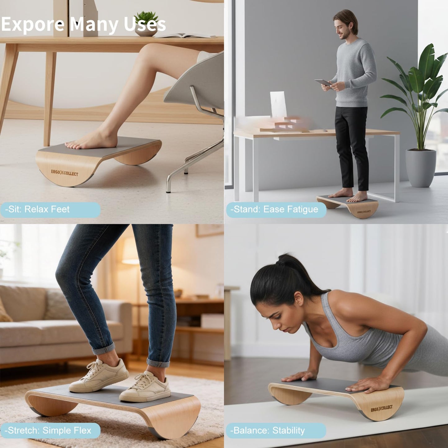 ERGO COLLECT Wood Foot Rest Under Desk, Ergonomic Rocking Footrest with Whole Piece Curved Solid Wood Base,Balance Board Active Sitting Desk Footrest for Office & Home, No Assembly