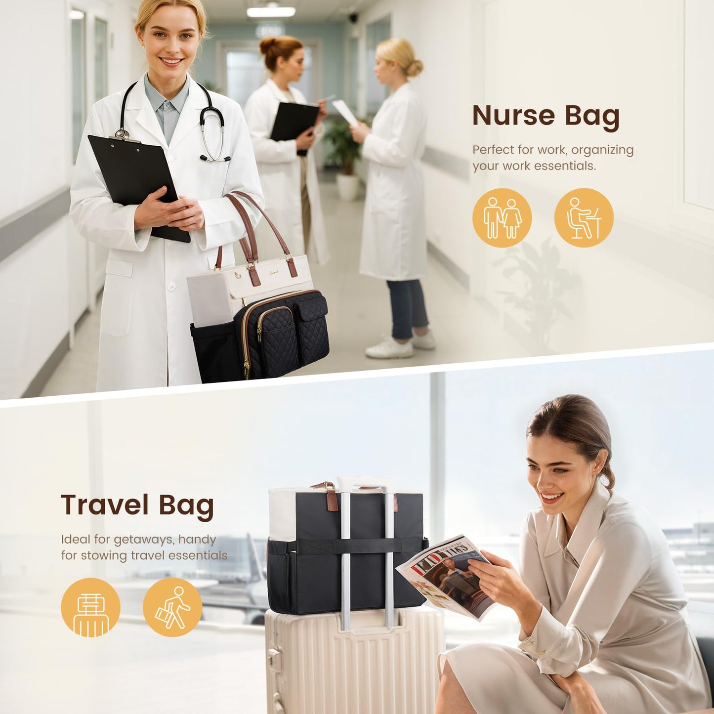 LOVEVOOK Tote Bag for Women, Work Bag with Large Cup Holder, Large Capacity Teacher Tote with Multi Pockets, Water Resistant Nurse Diaper Tote Fit 17.3 Inch Laptop, 17.3 Inch Black Beige Brown