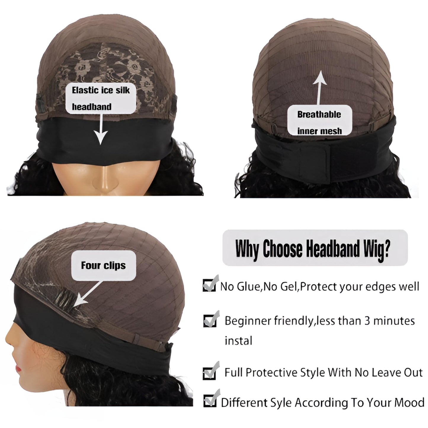 jkahh Curly Headband Wig Human Hair 20Inch Human Hair Headband Wig Glueless Wear and Go Human Hair Scarf None Lace Front Wigs 150% Density Natural Color