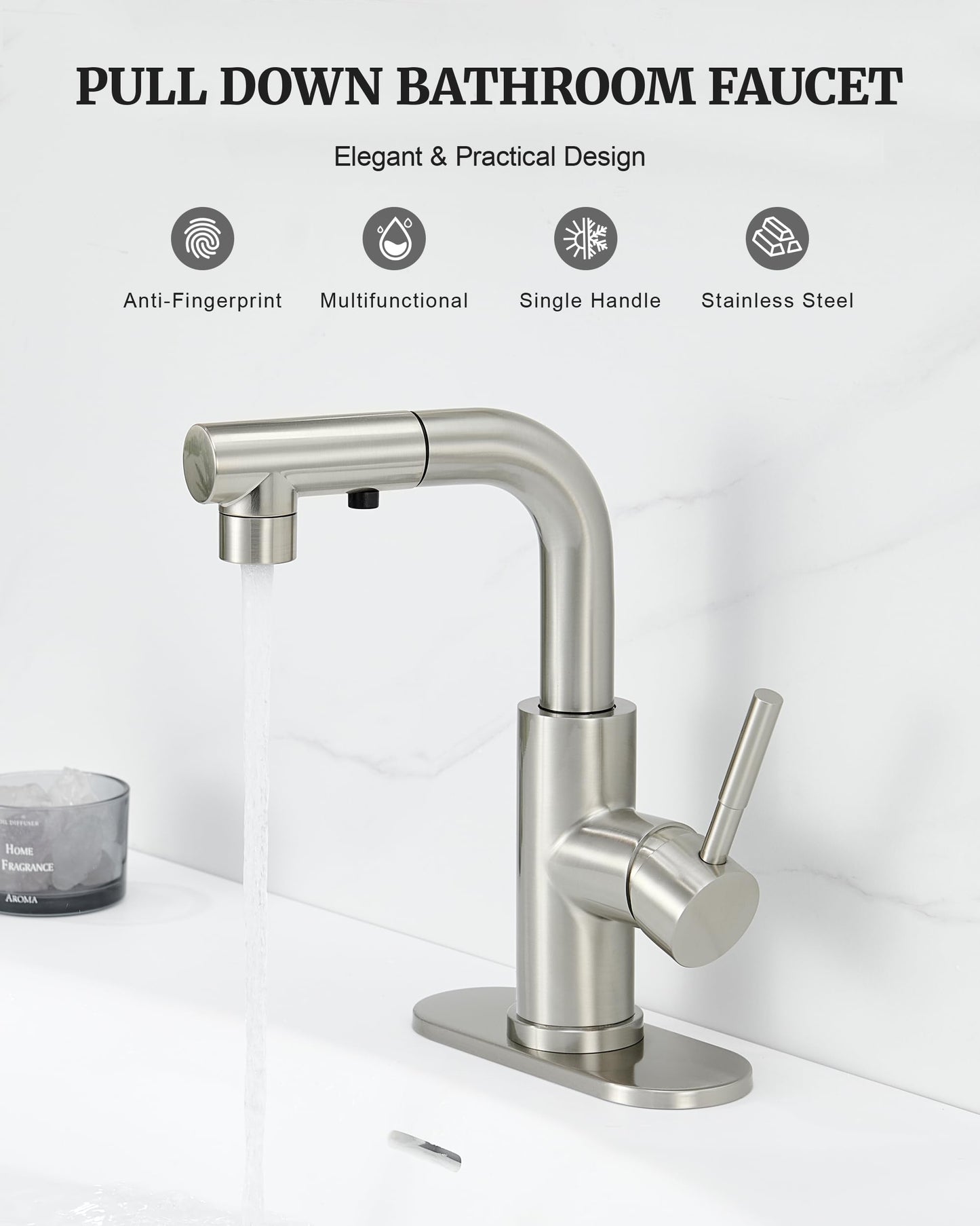 Ultimate Unicorn Bathroom Faucet with Pull Out Sprayer, Brushed Nickel Single Handle Bathroom Faucet for 1 or 3 Hole Bathroom Sink, Pull Down Bathroom Sink Faucet with Rotatable Spout Pop Up Drain