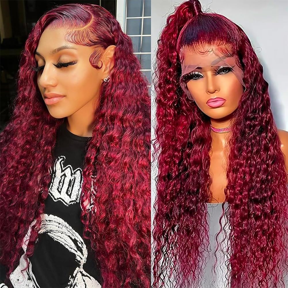 99J Burgundy Deep Wave Lace Front Wigs Human Hair 13x4 HD Lace Frontal Wigs Human Hair Pre Plucked 180 Density Red Colored Deep Curly Wet and Wavy Glueless Human Hair Wigs for Black Women 26 Inch