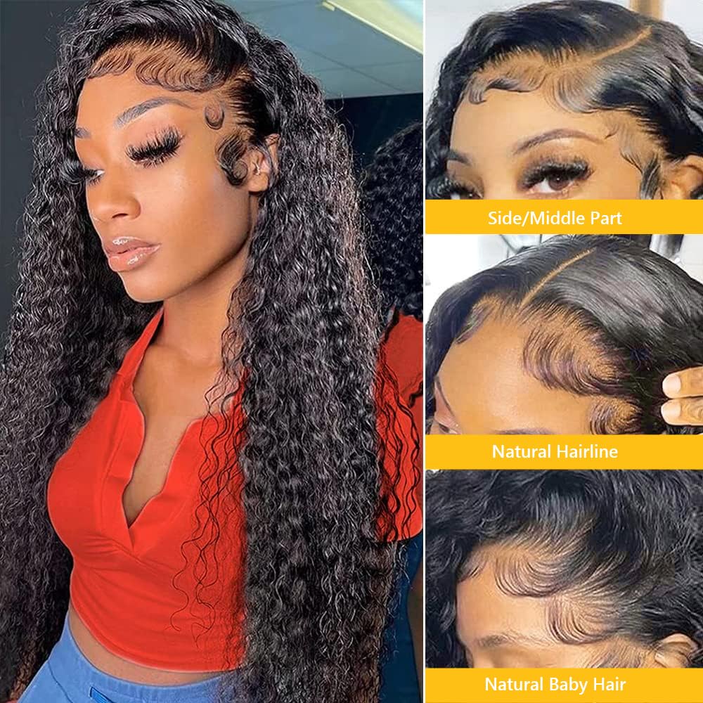 QTHAIR 14A 13x4 HD Lace Frontal Human Hair 20 Inch Deep Wave Frontal Pre Plucked with Baby Hair Ear to Ear Transparent Lace Frontal Closure 100% Virgin Deep Wave Human Hair Frontal 1B Natural Black