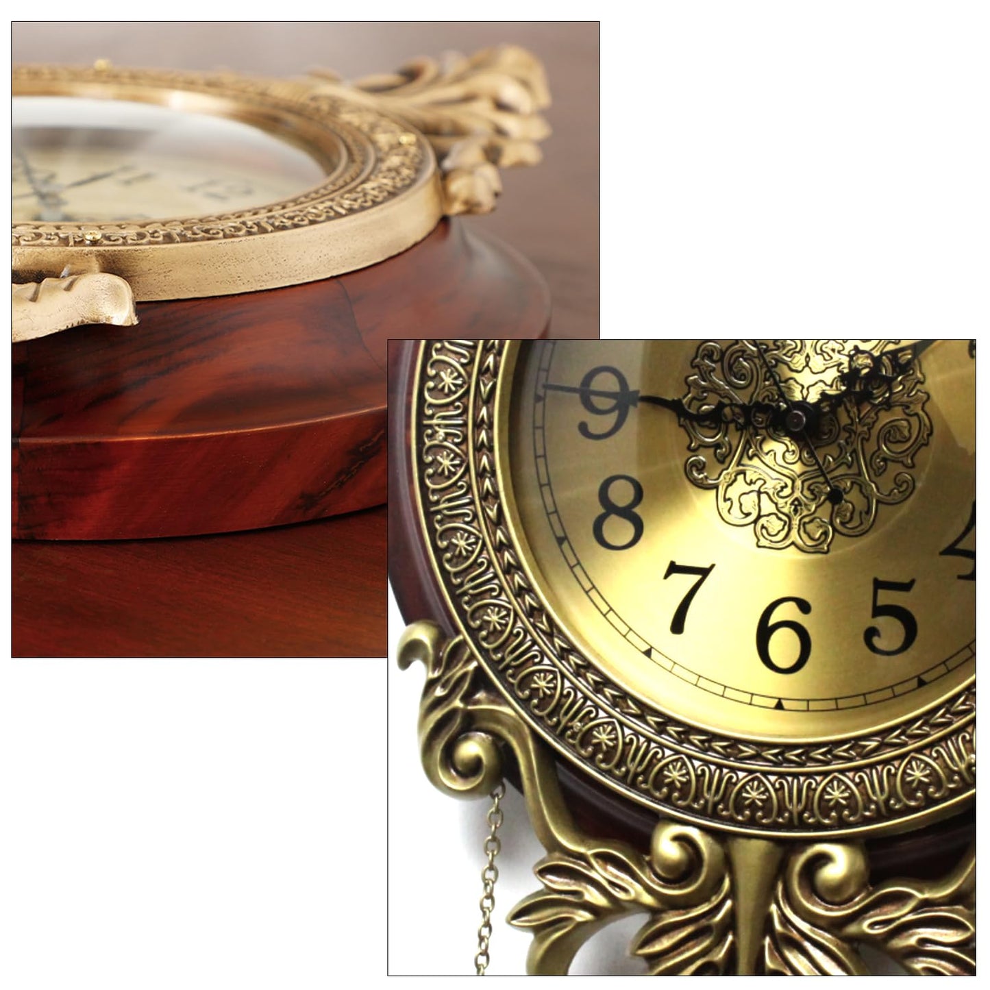 Aero Snail Brown Vintage Pendulum Wall Clock, Solid Wood Hanging Clock, Silent Non Ticking Quartz Movement, Analog Watch for Home Office Kitchen Classroom, W205BX14