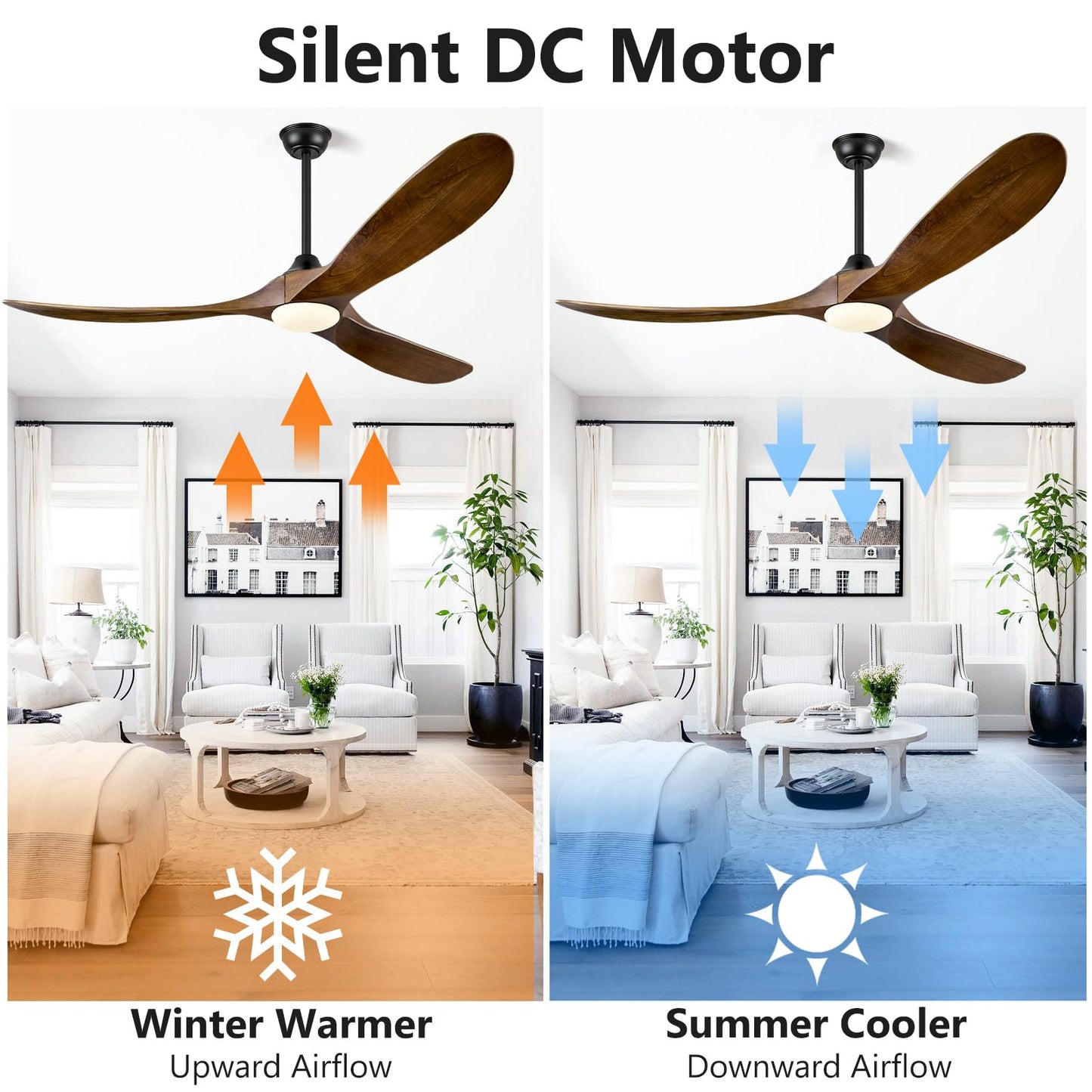 ABZ 60 Inch Ceiling Fans with Lights, Solid Wood Propeller Ceiling Fans with Lights and Remote Control Outdoor Ceiling Fan for Patios Propeller 3 Blades for Indoor Living Room, Walnut Wood