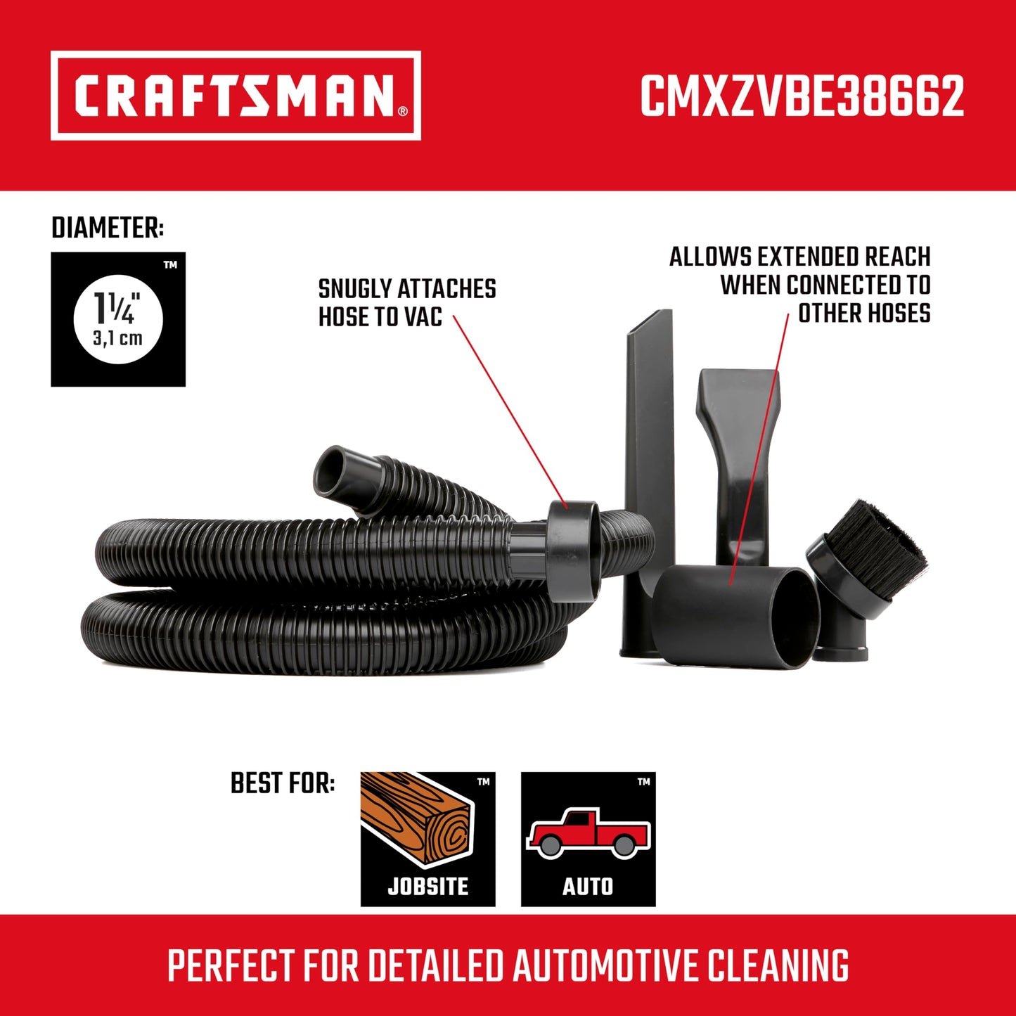 CRAFTSMAN CMXZVBE38662 1-1/4 in. Car Cleaning Wet Dry Vac Attachment Kit for Auto Detailing, Fits Most Vacs with a 2-1/2 in. Drum Inlet, Not Compatible with CMXEVBE17250 and CMXEVBE17678 Vacs