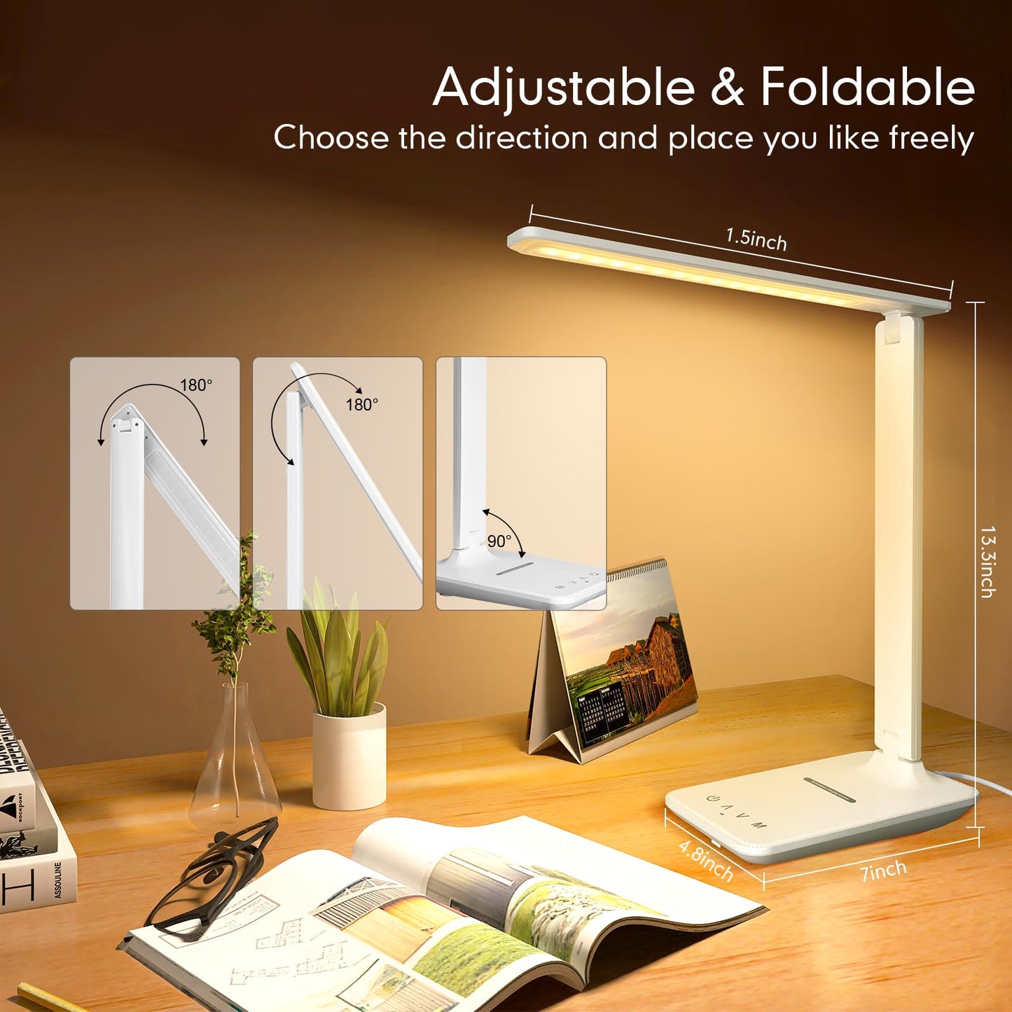 White crown LED Desk Lamp with 15W Wireless Charger & USB Port, Dimmable Table Lamp with 5 Lighting Modes, Sensitive Touch Control, Foldable & Portable Desk Light for Home, Office, Bedroom, Reading