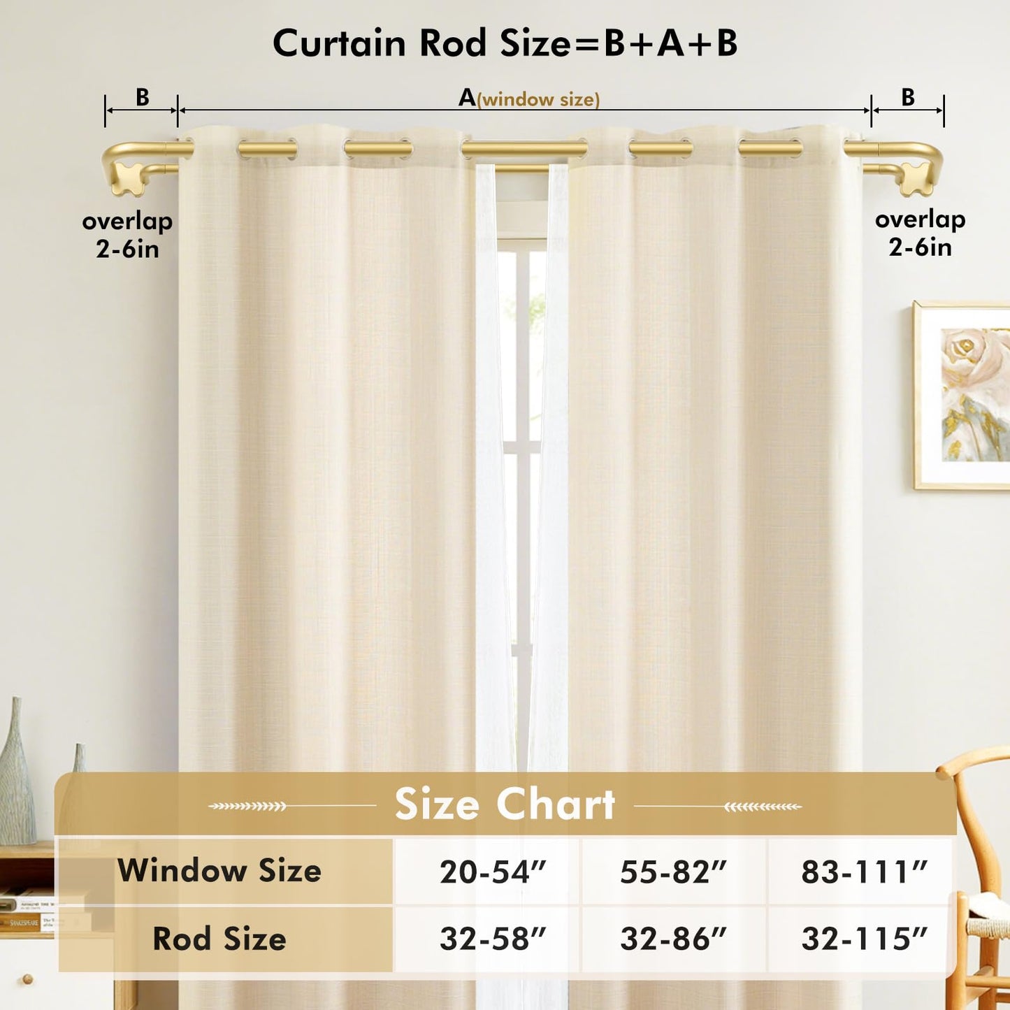 USFOOK Gold Double Curtain Rod Set, Blackout Wrap Around Curtain Rods for Windows 48 to 84 Inch, 6/8 Inch Room Darkening Curtain Rod 32 to 86 Inch, Decorative Double Drapery Rods