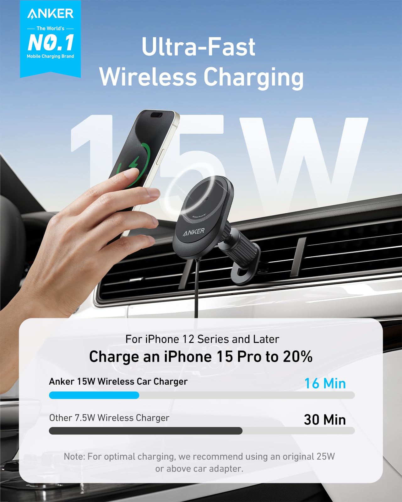 Anker MagSafe iPhone 16 Wireless Car Charger Compatible, MagGo 15W Fast Car Charger, 360° Adjustable Angle and Strong Magnets, Car Phone Holder Mount, For iPhone 16/15/14 Series (Adapter Included)