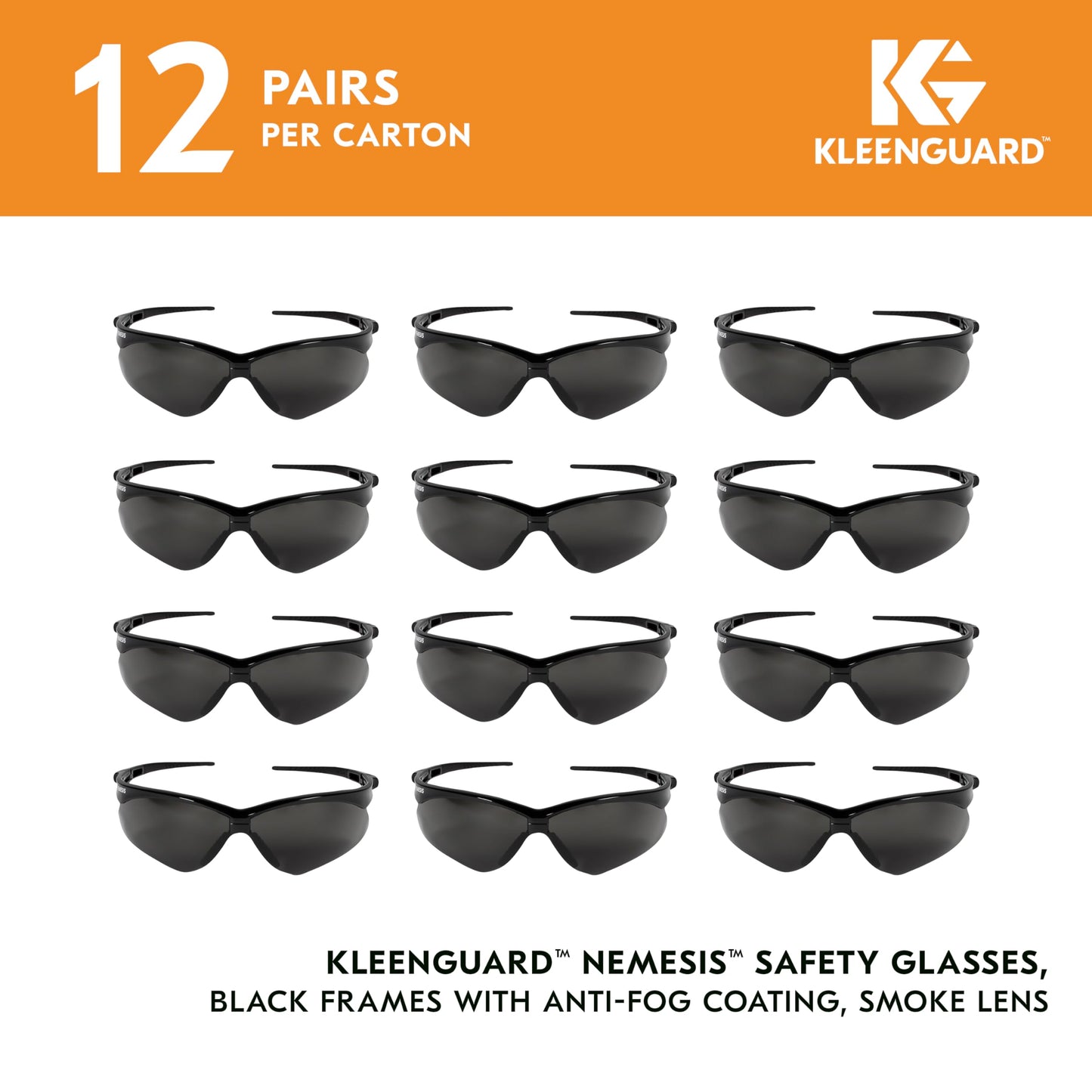 KleenGuard™ V30 Nemesis™ Safety Glasses (22475), with Anti-Fog Coating, Smoke Lenses, Black Frame, Unisex Sunglasses for Men and Women (Pack of 12)