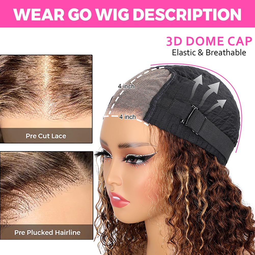 16 inch Wear and Go Glueless Wig Ombre Highlight 4/27 Afro Kinkycurly Wigs Pre Cut HD Lace Wig human hair Pre Plucked,Natural Hairline for Women 200% Density