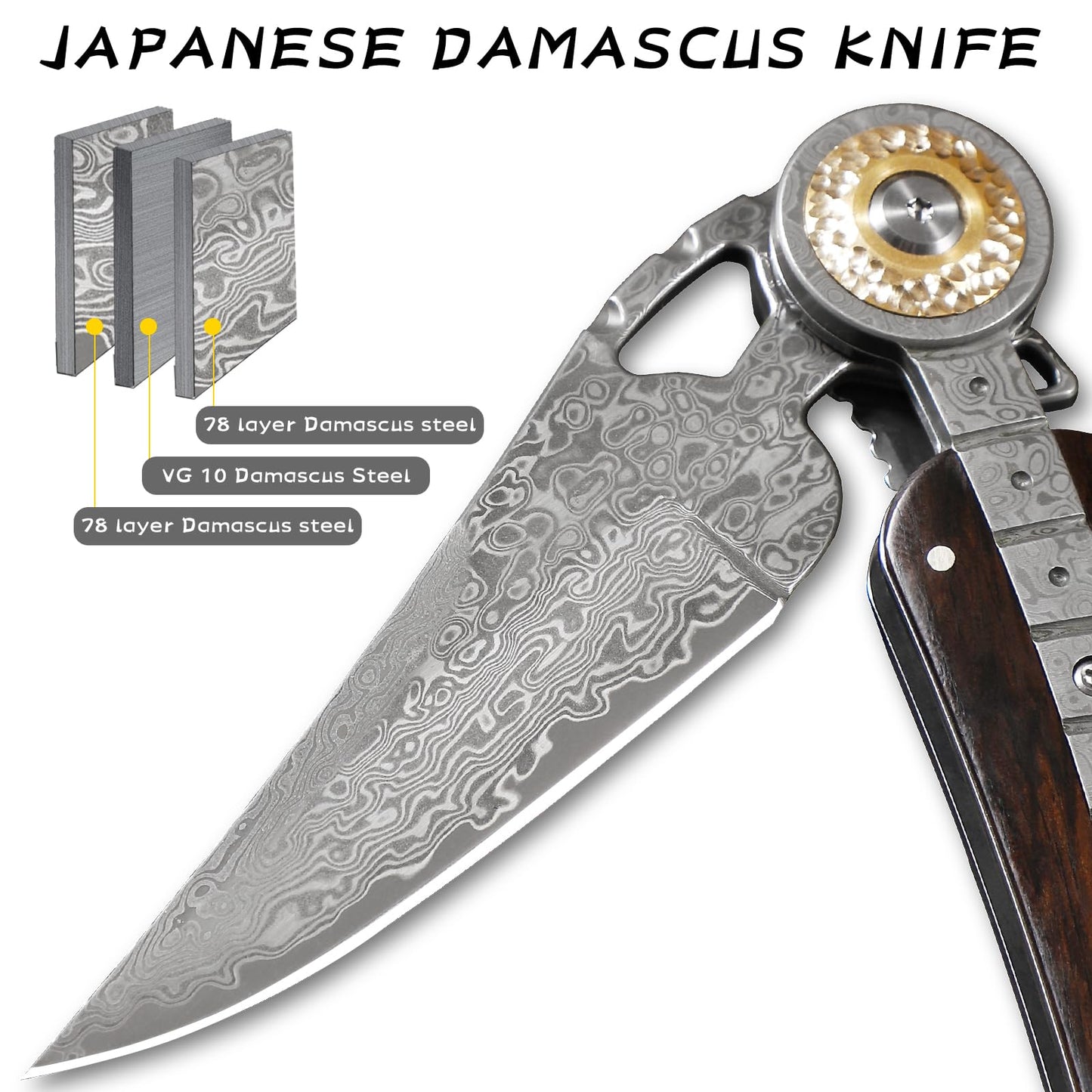 ALVELY Handmade Damascus Steel Folding Pocket Knife,Feather shape 3.4in Blade Men's Pocket Knife,With knife sheath,Ebony Handle,Home & Outdoor EDC knife