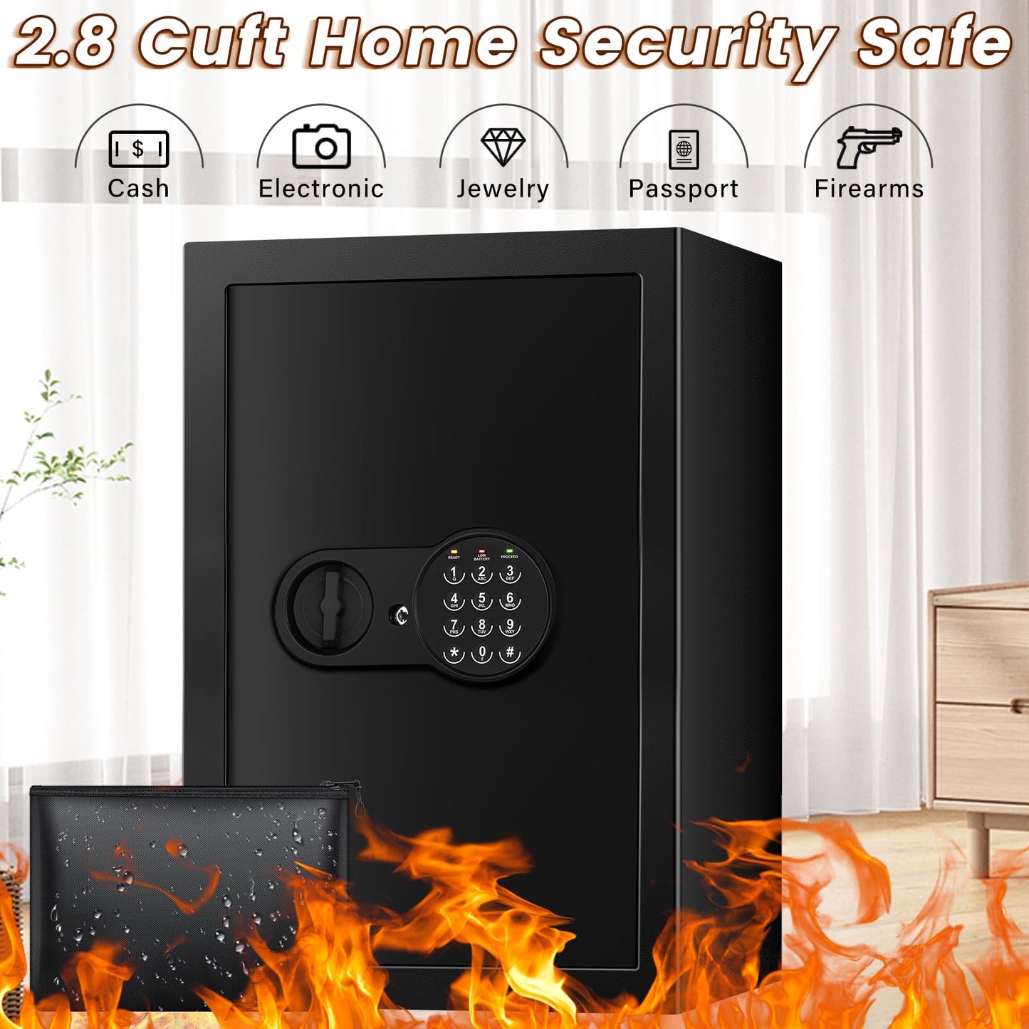 2.8 Cu ft Large Home Safe Fireproof Waterproof, Fire proof Safe Box for Home Documents with Fireproof Bag, Programmable Keypad and Removable Shelf, Anti-Theft Safety Box for Money Medicines Jewelry