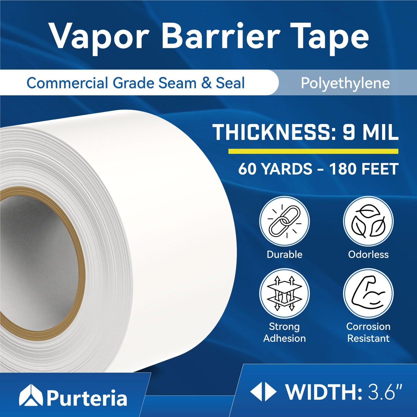 PURTERIA Vapor Barrier Tape with Release Liner, 9 Mil Easy-to-Use Polyethylene Moisture Vapor Barrier Seam Tape for Crawl Space, Repairs, Underlayment, Waterproof, 3.6" x 180', 3 Rolls