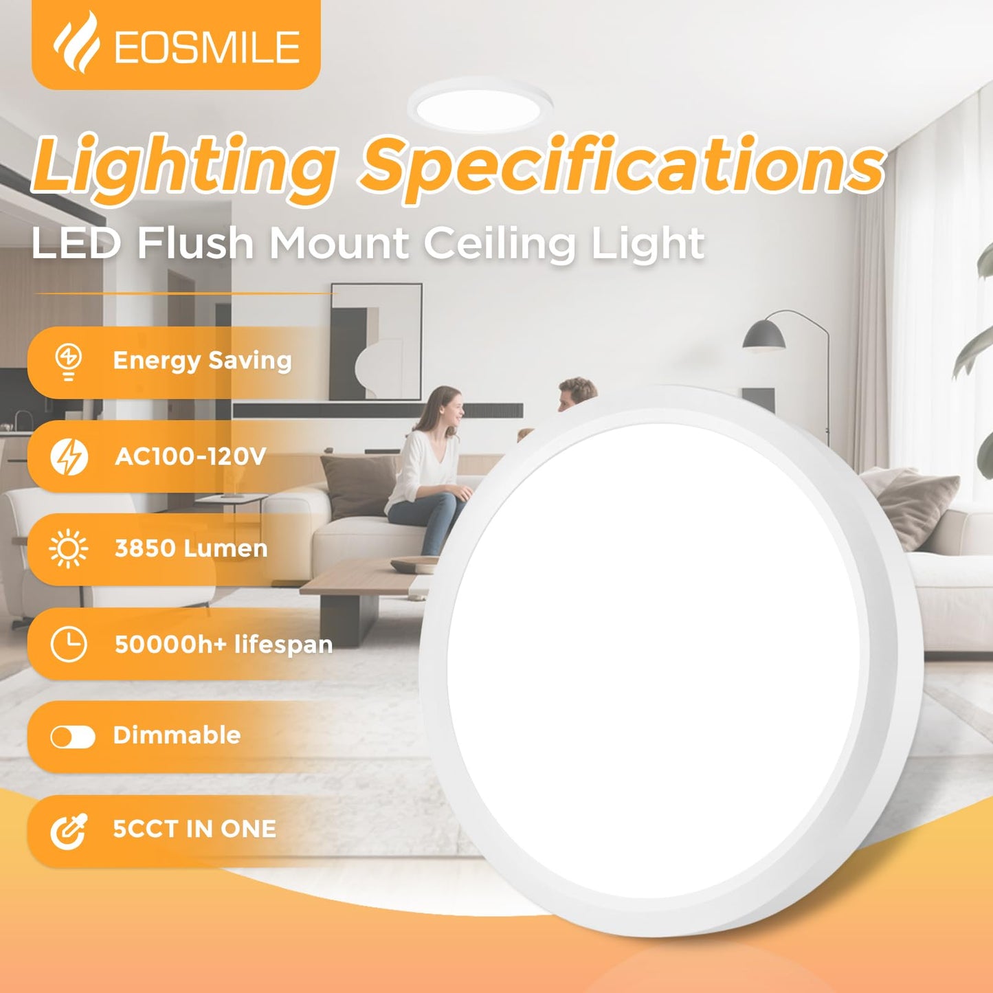 EOSMILE 2Pack 15.8 Inch LED Flush Mount Ceiling Light, 35W, 3850LM, 2700K-5000K 5CCT Selectable & Dimmable, White Round Flat Panel Light for Hallway, Kitchen, Bedroom, Laundry Room