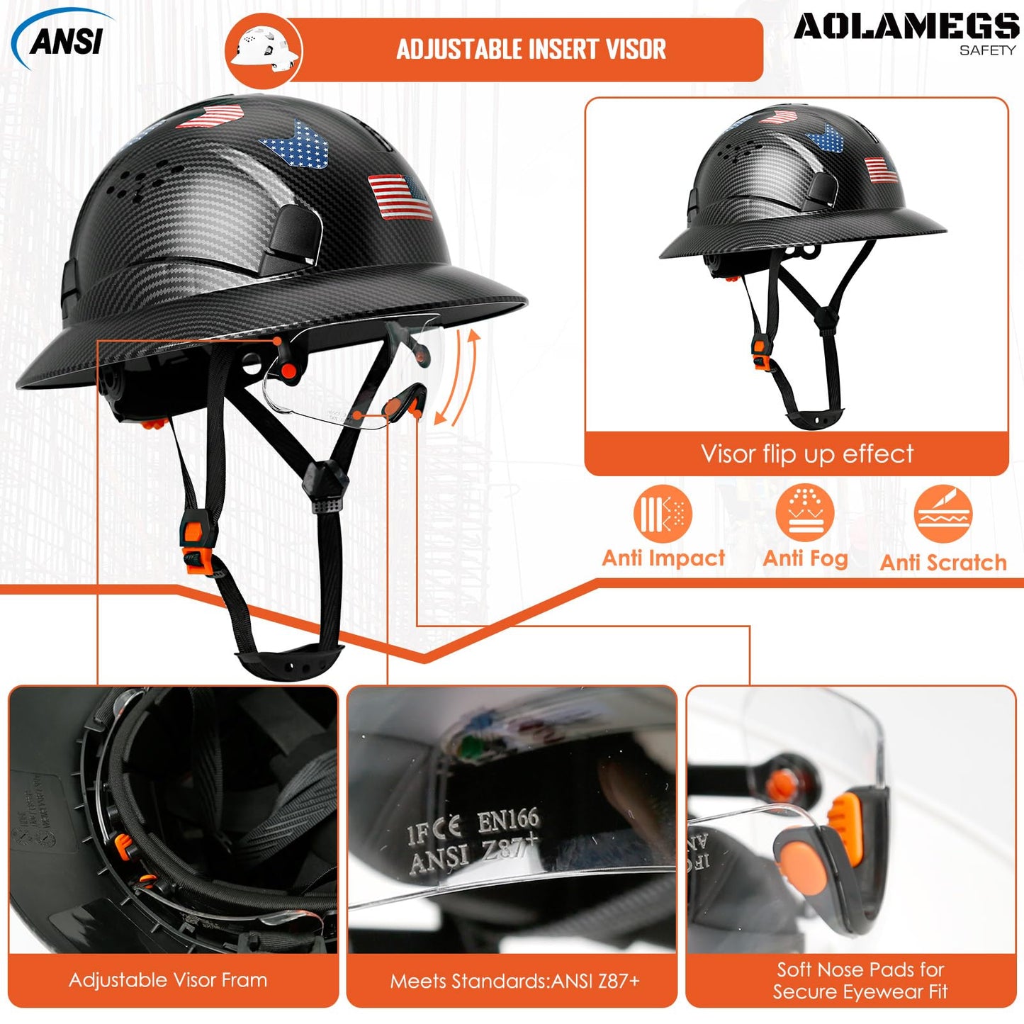 Aolamegs Safe Matte Black Carbon Fiber Pattern Full Brim Hard Hat with Visor - Vented Hard Hats Construction OSHA Approved for Men Adult, Reflective Safety Helmet with Chin Strap,6-Point Suspension