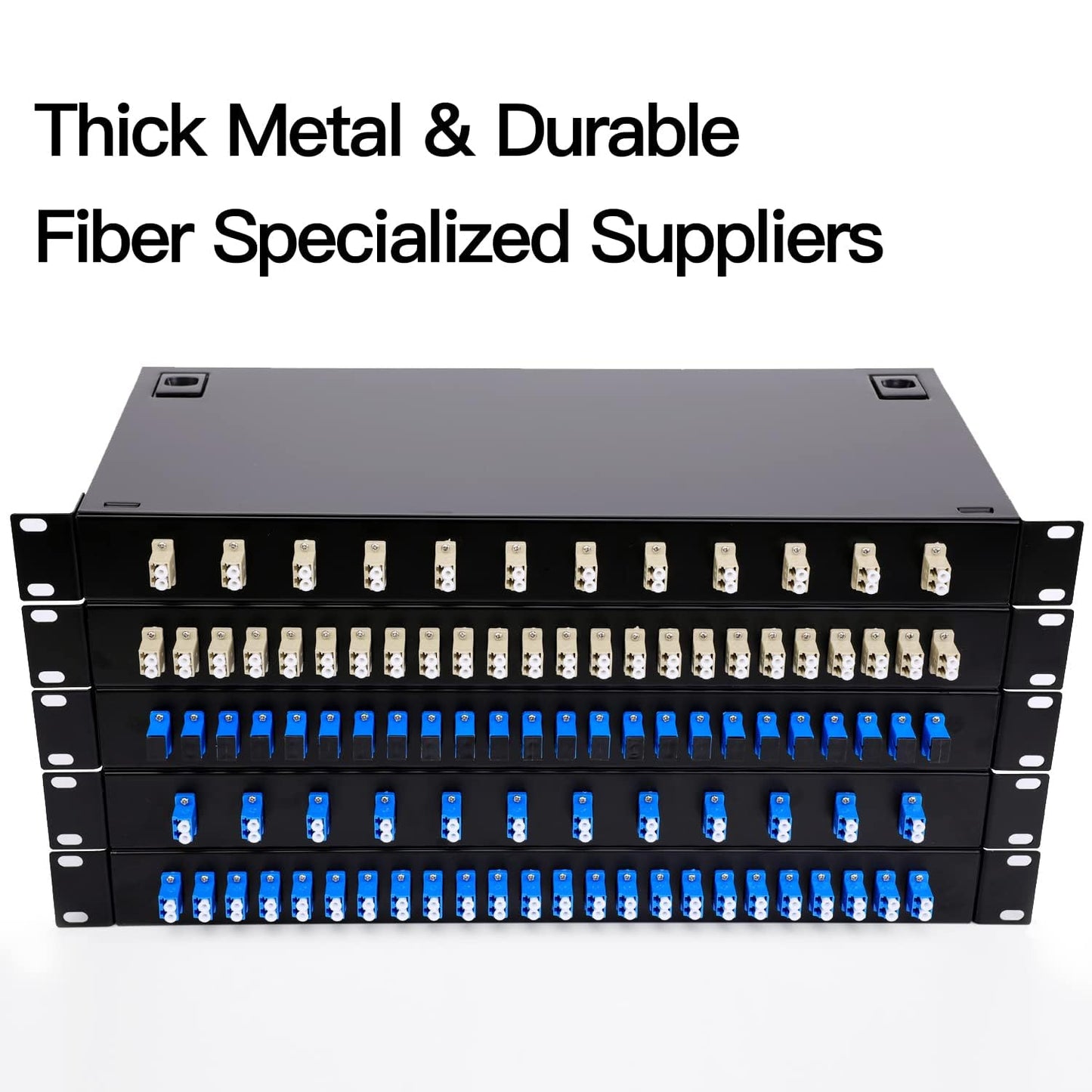 LC-OM3 Multimode Fiber Enclosure - 24 Duplex, 48 Port Rack Mount Box for 19" Racks - 1 RU with LC-UPC Kit, 2 Splice Trays, 48 Strand Pigtail Cables, and LGX Patch Panel