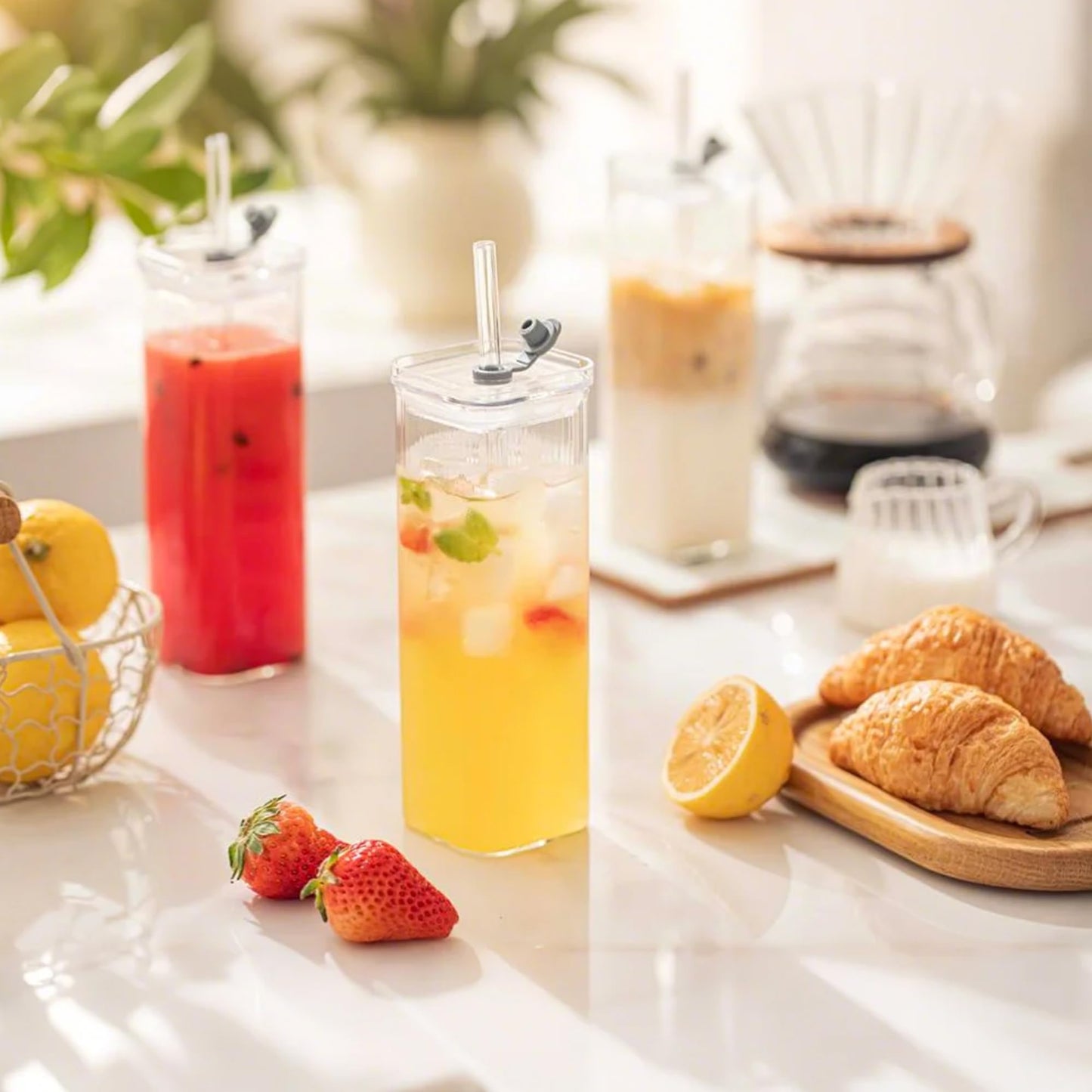 6 Sets Square Drinking Glass Cups, Old Fashioned Glasses, 17 Oz Square Glasses, Clear Highball Modern Glassware Tumbler Mixed Drinkware with Straws for Cocktail Coffee Juice Beer (Square-6PCS)