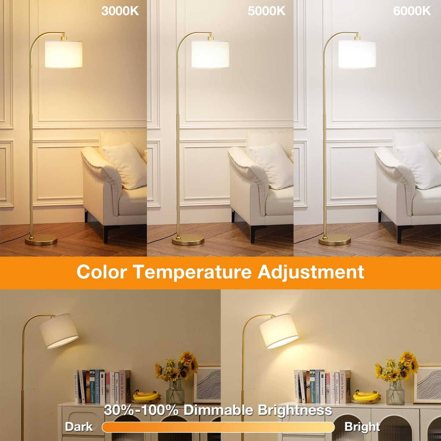 Arc Floor Lamp with Remote and Stepless Dimmable Bulb, Colors Temperature & Brightness Adjustable, Gold Floor Lamps for Living Room(Deep Beige Shade & Gold Pole)