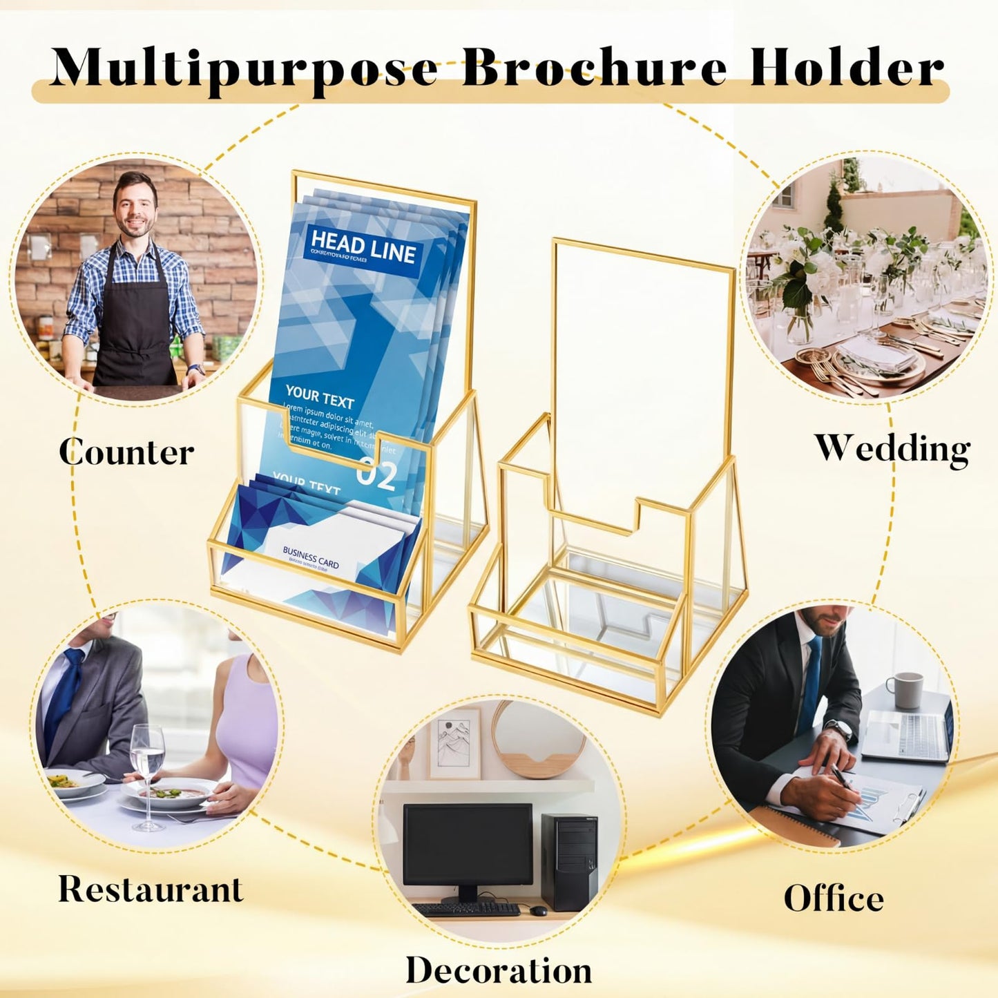 Fuyoooo 2 Pcs 4 Inches Gold Glass Brochure Holder Countertop Literature Trifold Pamphlet Stand with Business Name Card Holder Flyer Brochure Display for Magazine, Booklets, Menu, Journals Display