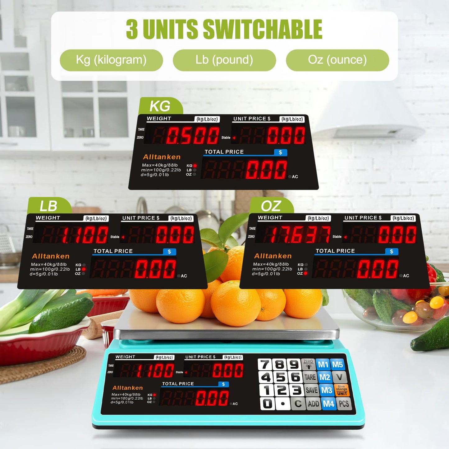88lb Commercial Food Scale Lb/Kg/Oz Conversion, Price Computing Scale with Dual Display, Rechargeable, Waterproof Reversible Platter, Counting for Farmers Market, Meat Shop, Retail Store, Home Kitchen