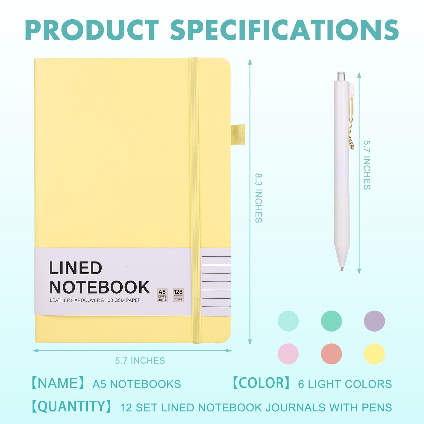Aodaer 12 Set Lined Notebook Journals with Pens A5 Notebooks 100 GSM College Ruled Hardcover Notebook PU Leather Notepad with Pen Holder for Office School, 5.7 x 8.3 Inches, Light Multicolor