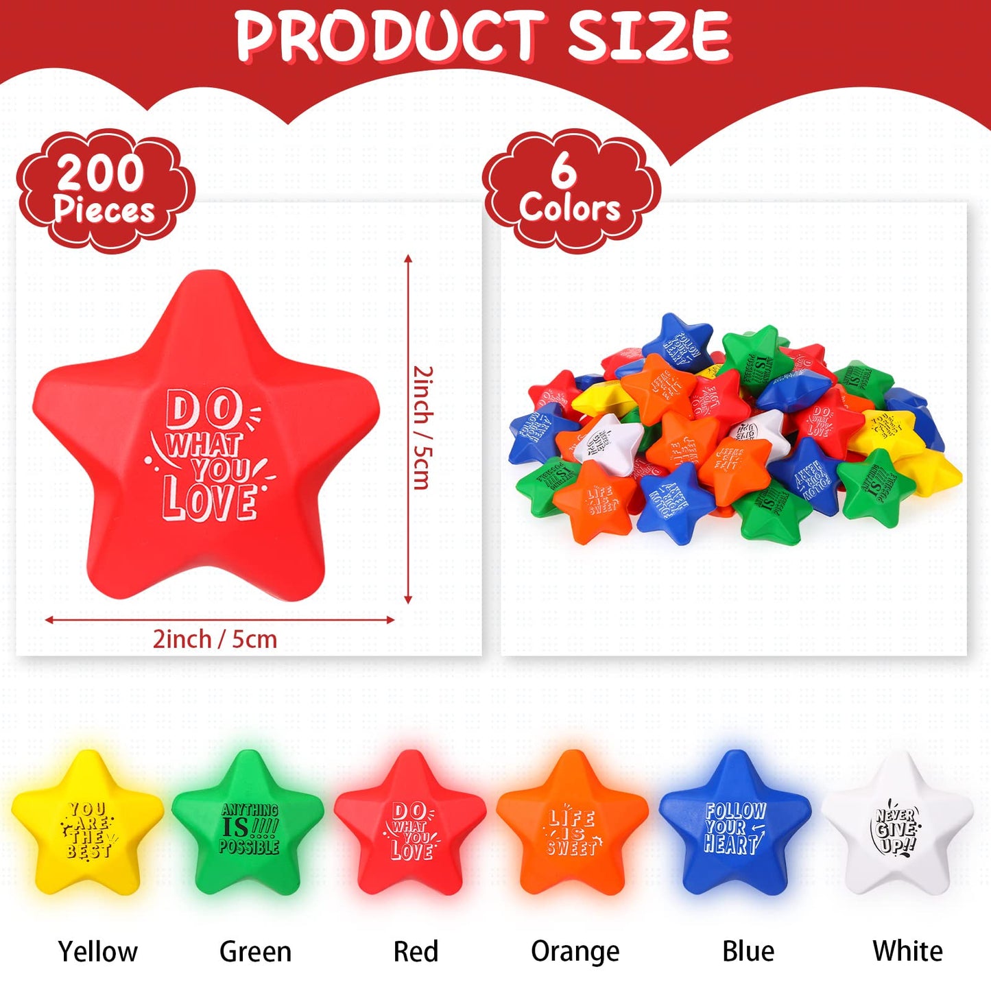 Leyndo 200 Pack Stress Balls Bulk Motivational Stress Relief Colorful Foam Squeeze Balls with Inspirational Quotes for Adults Teens Kids Relief Encouraging(Star Stress Balls)