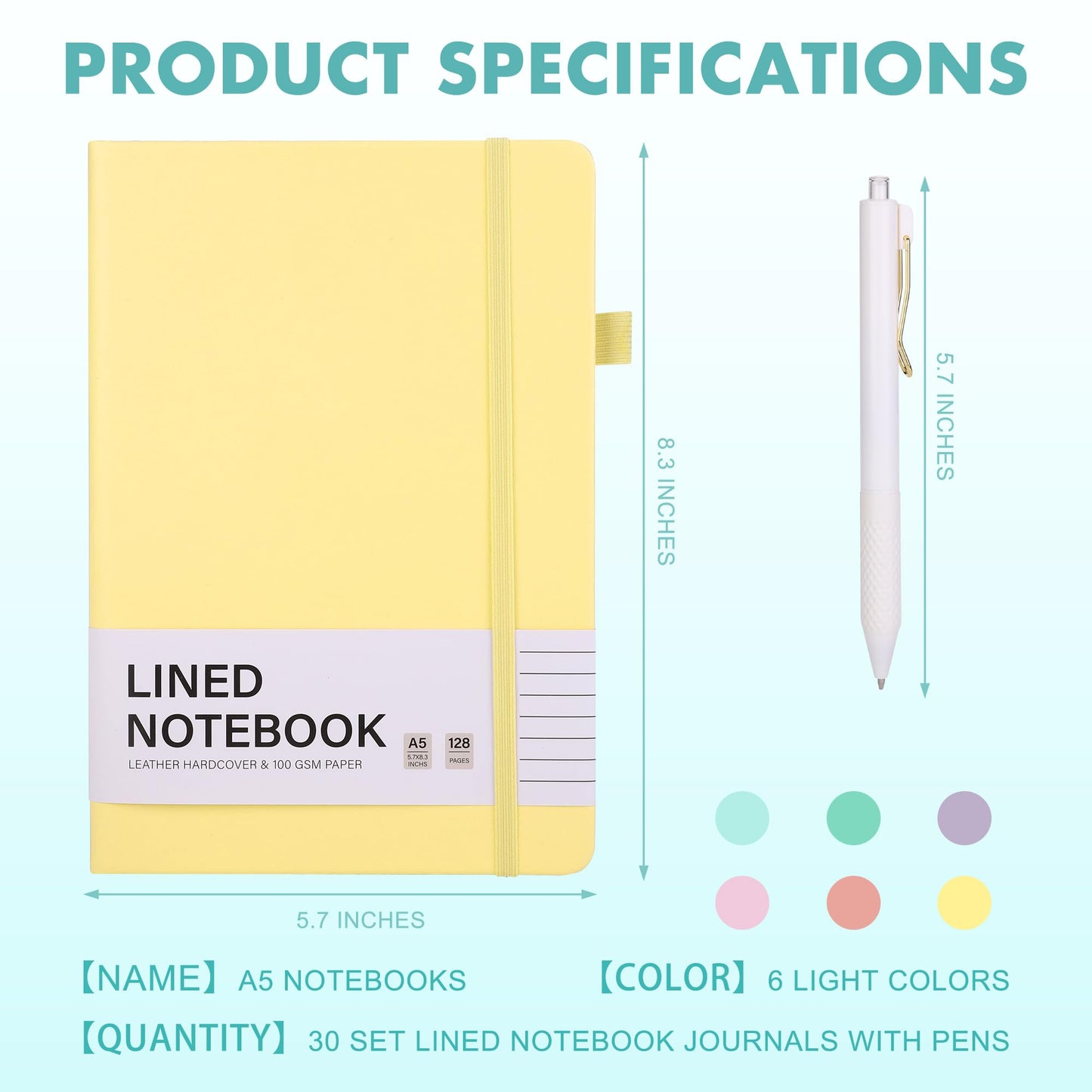 Aodaer 30 Set Lined Notebook Journals with Pens A5 Notebooks 100 GSM College Ruled Hardcover Notebook PU Leather Notepad with Pen Holder for Office School, 5.7 x 8.3 Inches, Light Multicolor