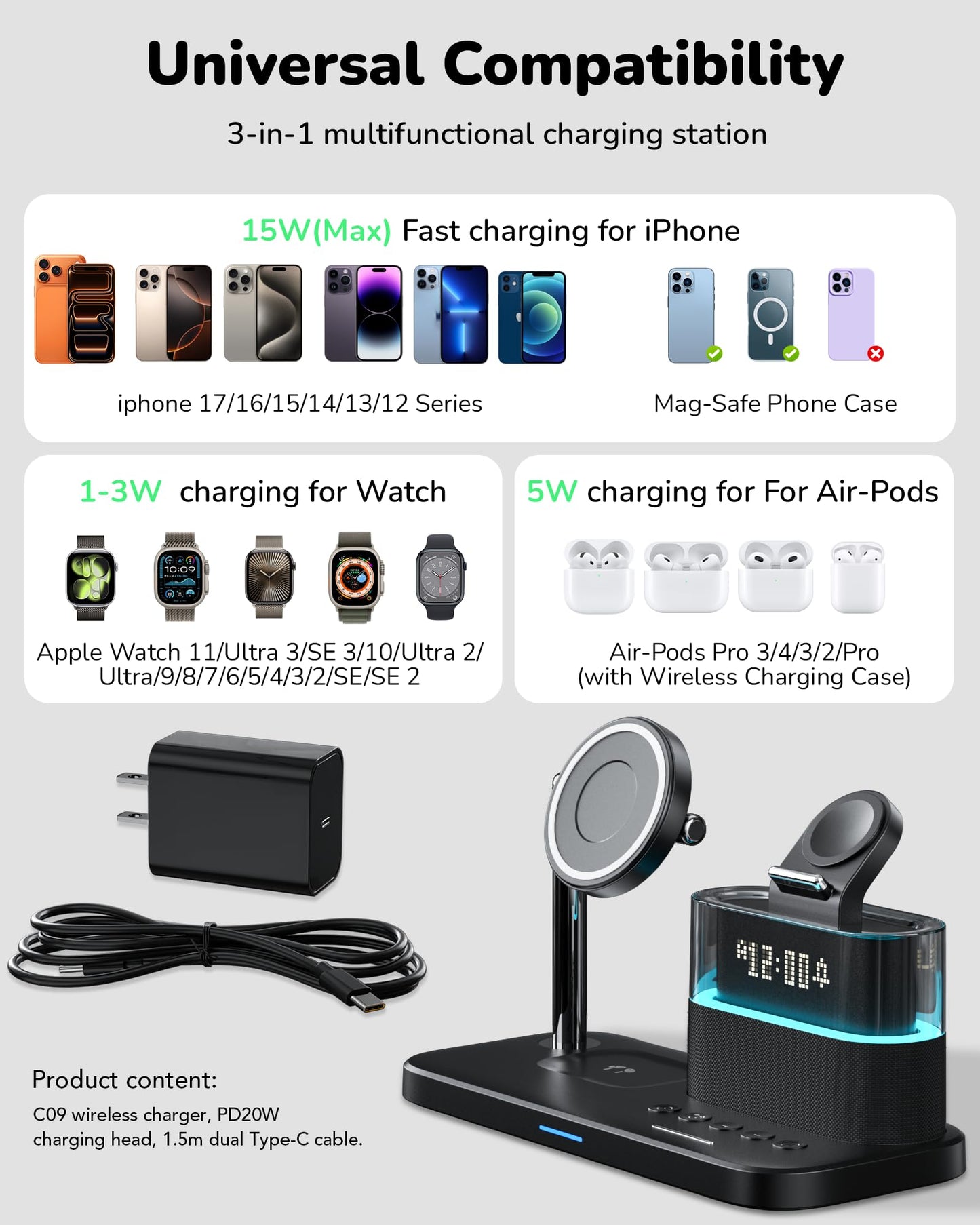 5 in 1 Wireless Charging Station for Apple,Mag-Safe Charger with Alarm Clock Night Light for Multiple Devices,Nightstand Charging Station for iPhone 17/16/15/14/13/12,Apple Watch Series,Air-Pods