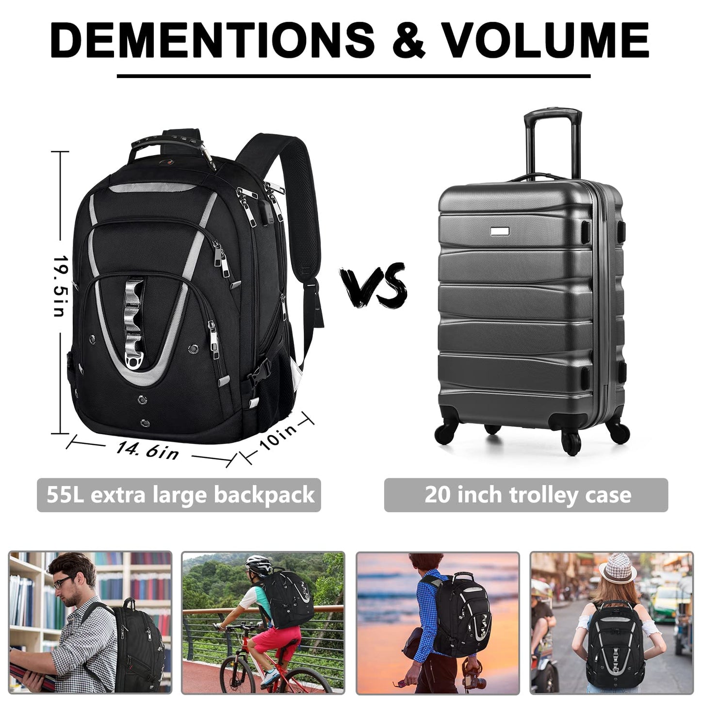 18.4 Laptop Backpack for Men, 55L-60L Extra Large Gaming Laptops Backpack with USB Charger Port, TSA Friendly Flight Approved RFID Anti-theft Pocket, Water Resistant Suiltable for Travel Business Work