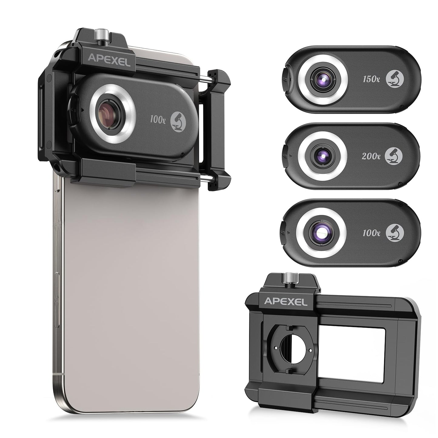 APEXEL 3-in-1 Phone Microscope Lens, 100X/150X/200X Nano Zoom Phone Micro Lens for Android/iPhone with LED UV Light/CPL/Universal Clip, Mini Pocket Digital Microscope, Portable Smartphone Camera