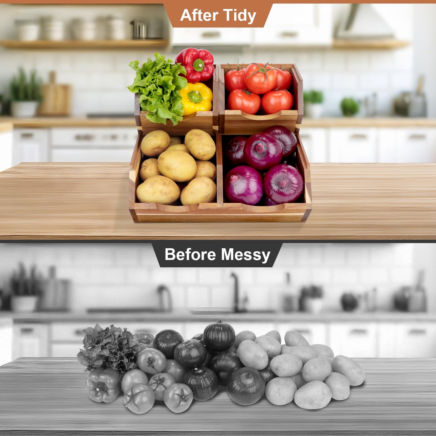 Happilif Acacia Wood Pantry Storage Bins, Stackable Potato and Onion Storage Bins for Kitchen Countertop, Set of 3 Wooden Pantry Organizer Baskets for Fruit, Vegetable, Snack