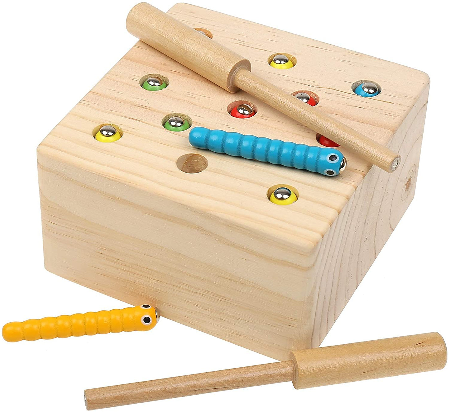 Wooden Montessori Bug Catching Toy with 13 Magnetic Worms and 2 Wand Rods - Fine Motor Skills Educational Toy for Toddlers and Kids 3 Years and Up, Hand Eye Coordination Game