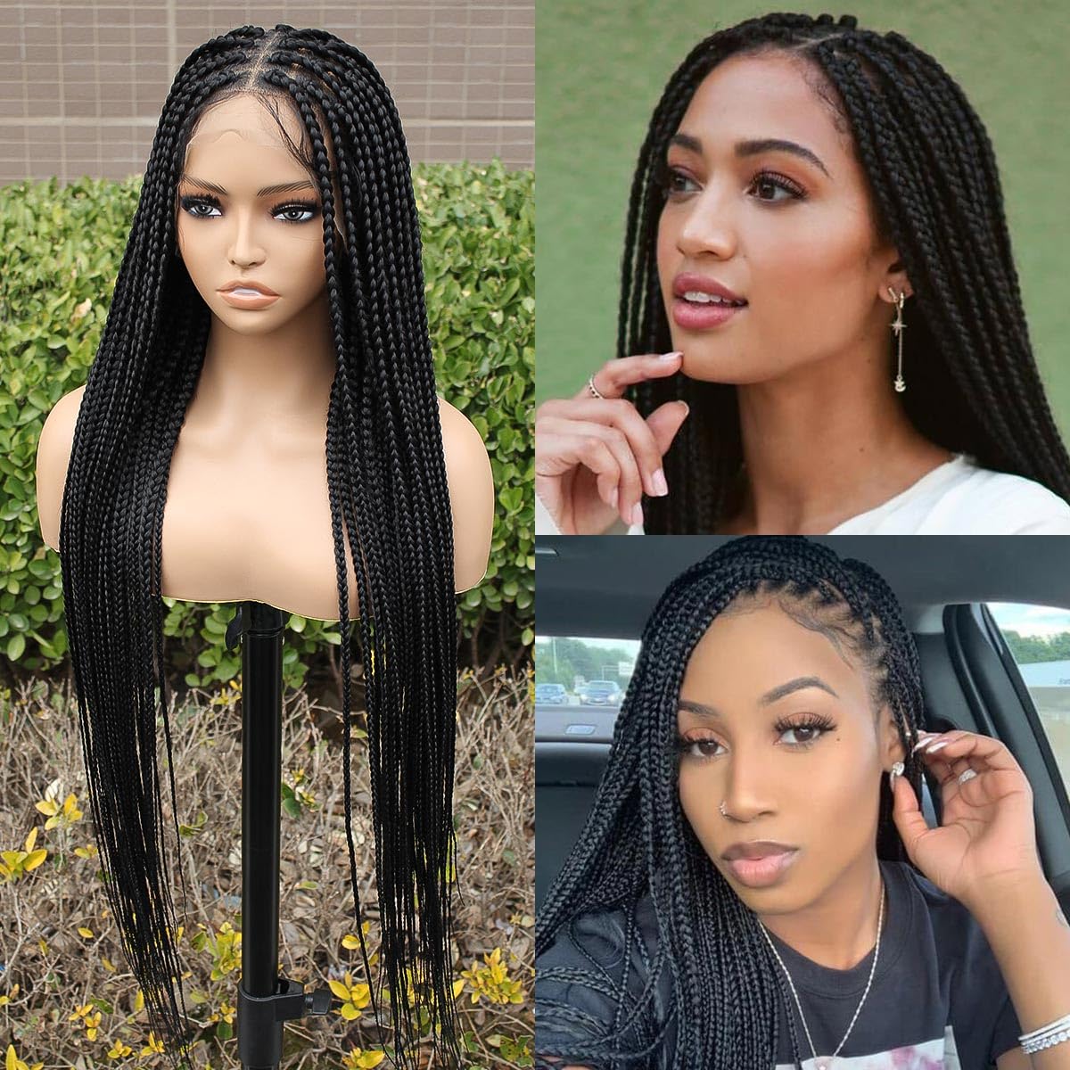 KRALER 36 inch Braided Wigs for Black Women, Knotless Box Braid Wig Full Double Lace Square Based Micro Box Braids Wig Pre Plucked with Baby Hair