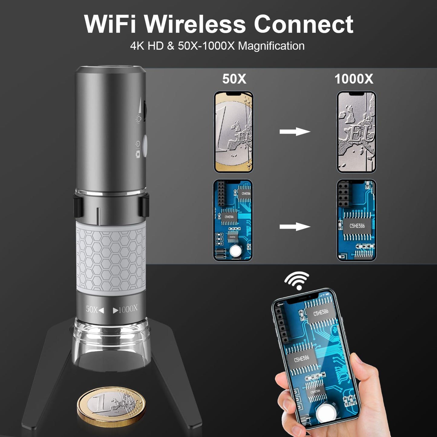 Bysameyee 4K HD Wi-Fi Wireless Digital Microscope Camera Magnifier, Compatible for iPhone, iPad, Android Phones and PC