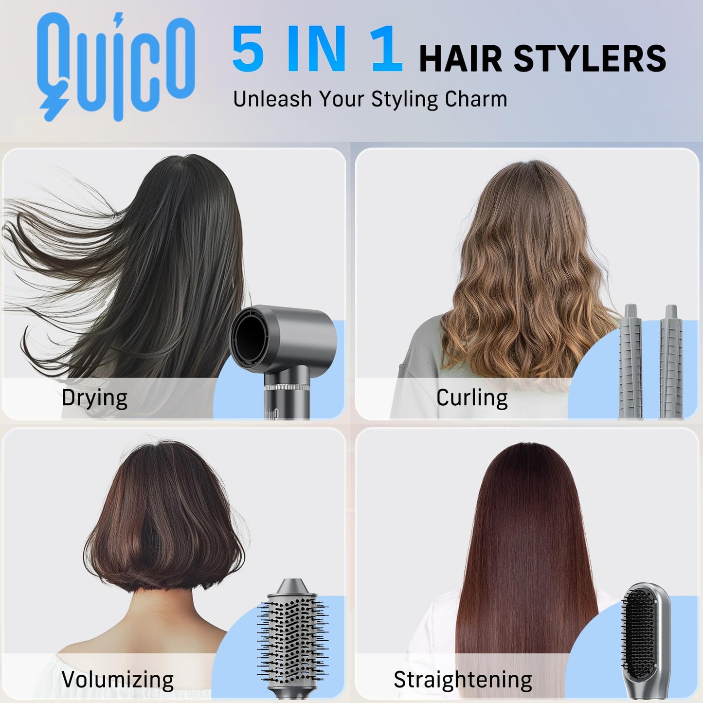 5 in 1 Hair Dryer Brush, QUICO Hair Styler 110,000 RPM 7X Faster Hair Dryers for Women 500 Million Negative Ionic Volumize Blow Dryer Brush, Hair Straightener, Air wrap Hair Styler Curl No Heat Damage