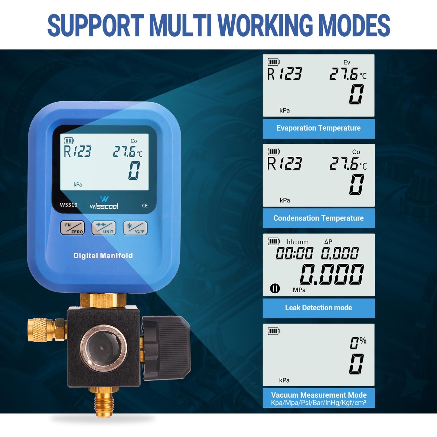 WISSCOOL Digital Gauges HVAC, R12,R22,R134A,R410,R502,R1234y Vacuum Pressure Manifold Gauge Set with LCD Sight Glass 22 Refrigerants Leak Detection Single Test Gauge for AC Charging (Blue)