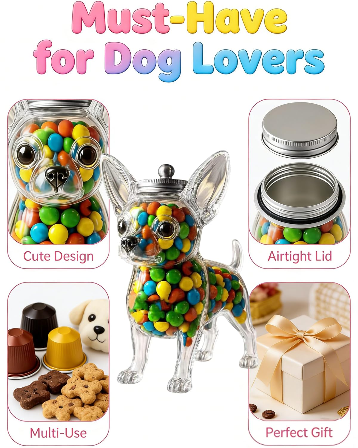 Chihuahua Candy Jar, Cute Airtight Dog Snack Container for Cookies, Candy, Coffee Pods, Pet Treat Jar, Cookie Jar with Lid, Large Animal Shaped Food Storage Kitchen Canister, Pet Lovers Gift