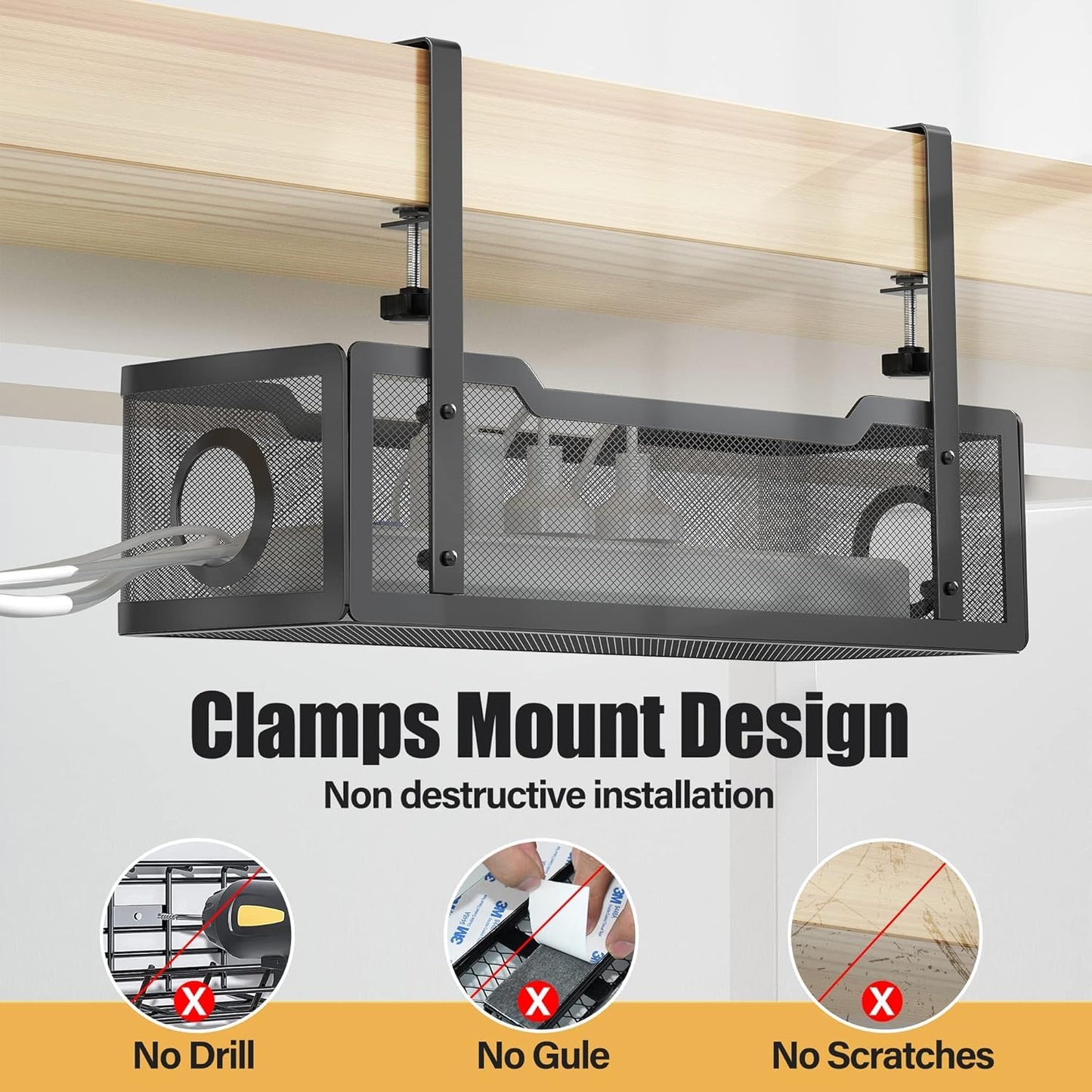 2 Pack Under Desk Cable Management Box Black, Cinati Wire Organizers No Drill, Cord Organization Tray with Clamp for Office, Home - No Damage to Desk