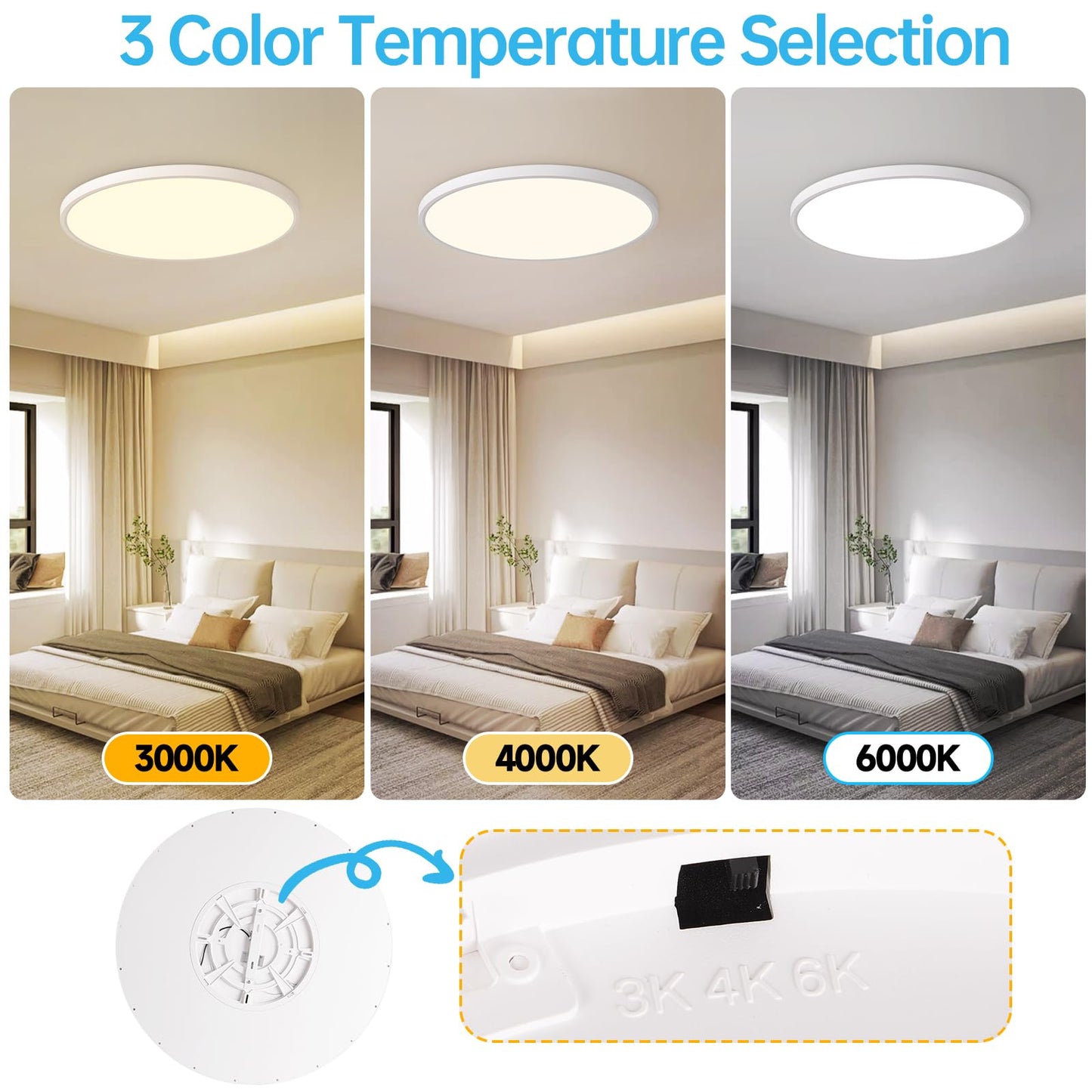 Stkzenod 24 Inch Large LED Flush Mount Ceiling Light Fixture,55W,5600LM,3000K/4000K/6000K CCT Selectable,0.9 inch Super Slim Round Ceiling Light for Bedroom,Hallway,Kitchen (Dimmable White 1PK)