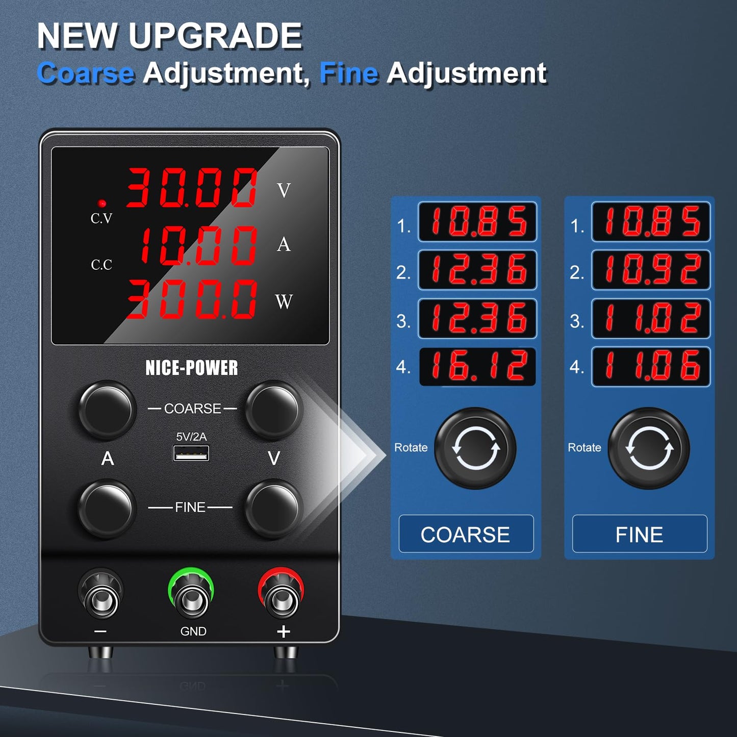 NICE-POWER DC Power Supply Variable: 30V 10A Adjustable Switching Regulated High Precision 4-Digits LED Display 5V/2A USB Port Test Lead Output & Input Power Cord Bench Lab Power Supplies