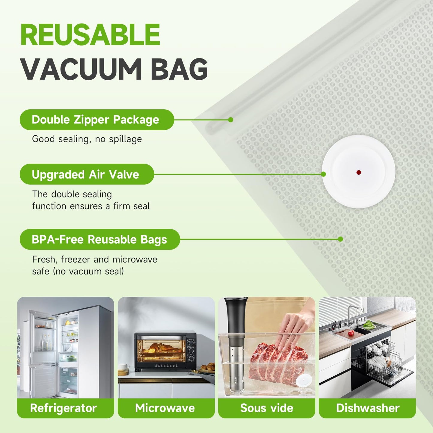 Vixino Vacuum Sealer Bags, 80 Reusable Vacuum Sealer Bags for Food, BPA-Free, Meal Prep and Sous Vide Cooking,Works for Handheld Sealer and Vac Sealer Machine with External Vacuum Systems