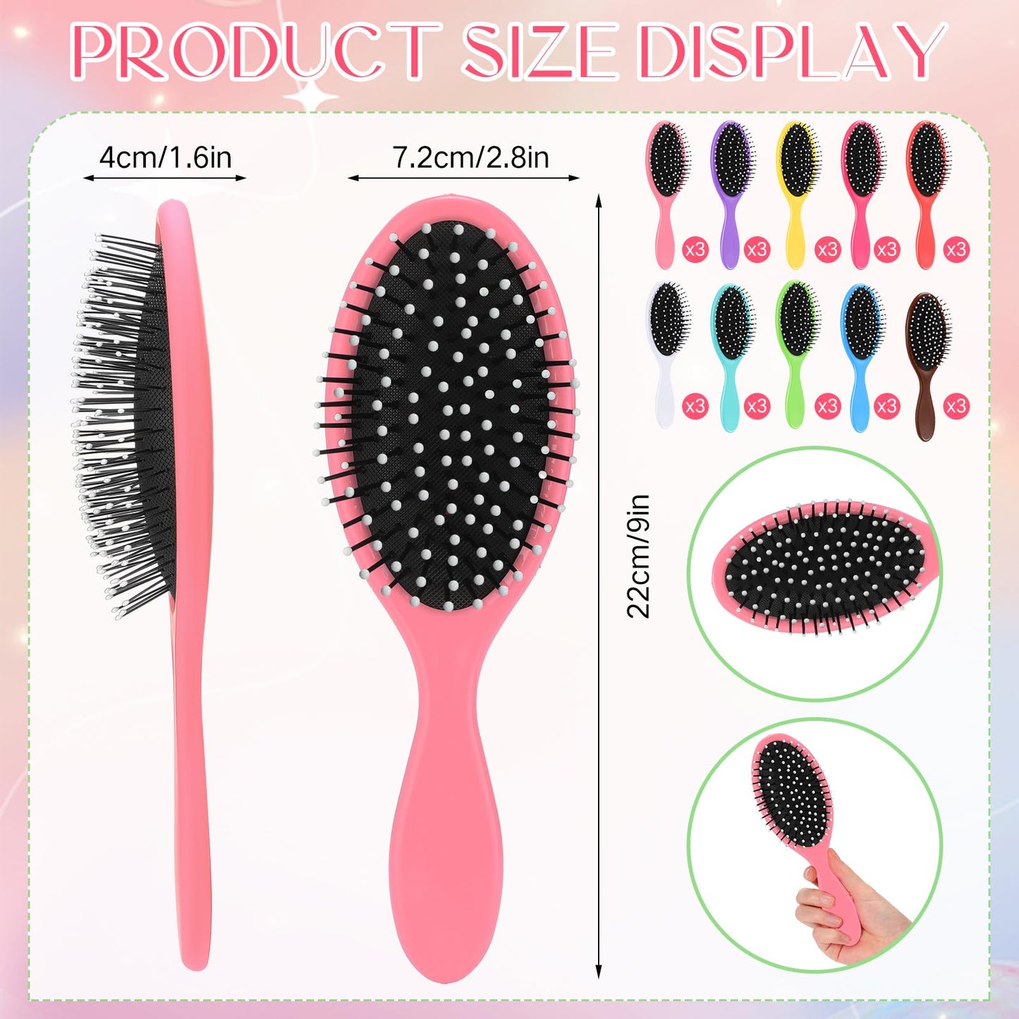 Suclain 30 Pieces Wet Hair Brushes for Women Travel Detangling Brush Soft Bristles with Cushion Base Drying Detangler Small Hair Brushes for Women, 10 Colors