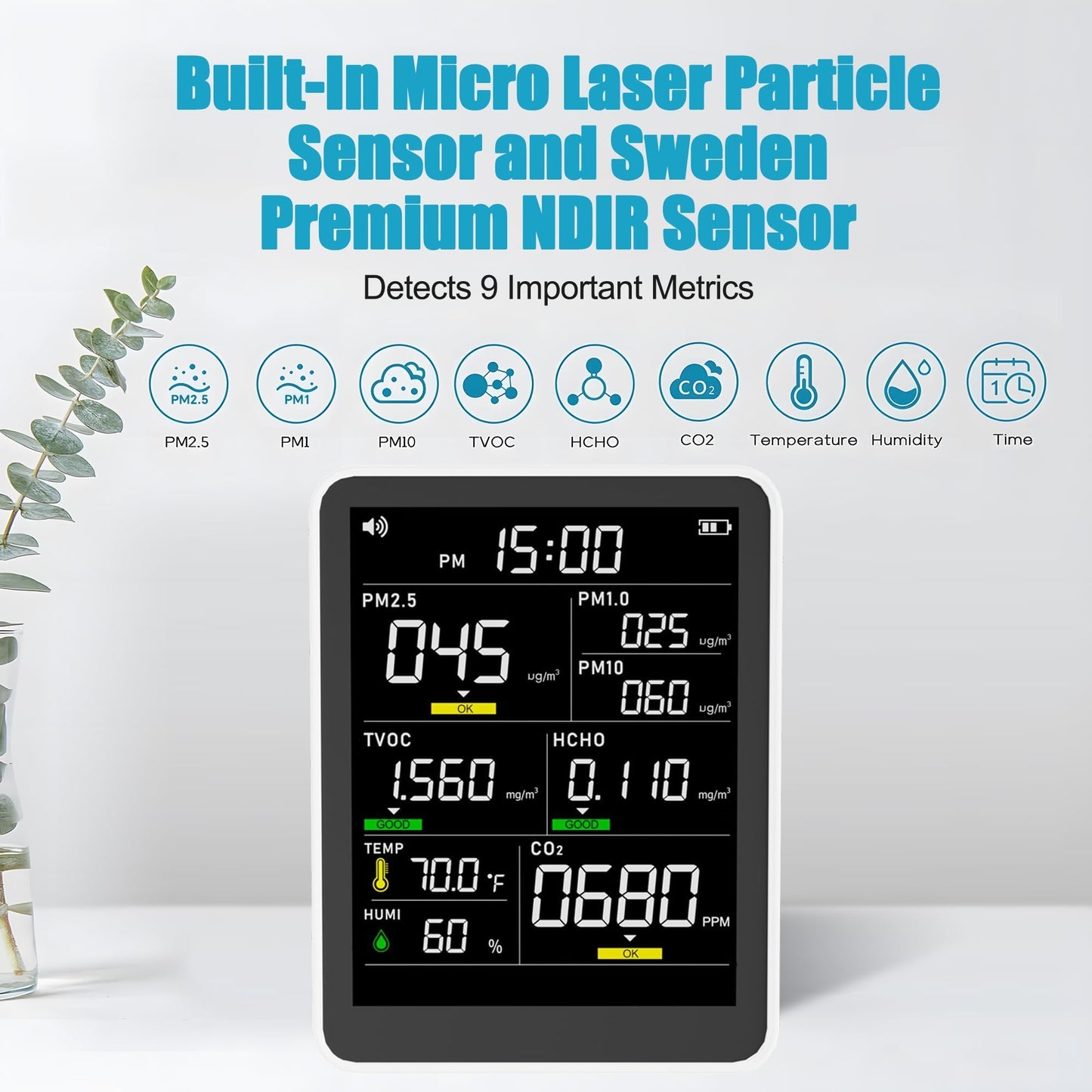 9-in-1 Professional Indoor Air Quality Monitor Indoor Portable PM2.5/PM10/CO2, Temperature, Formaldehyde Detector, Humidity TVOC,Time Display Air Quality Tester - Confined Space Clean Air Monitor