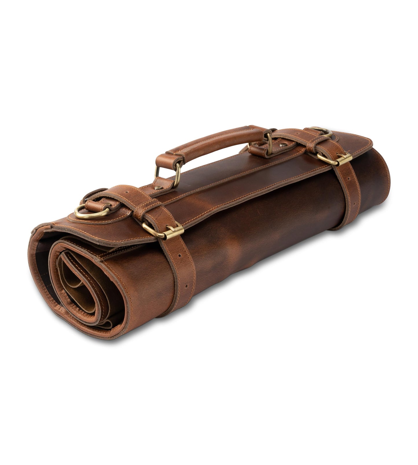 Angus Stoke premium leather knife roll storage bag XXL - 14 pockets, buffalo leather with shoulder strap, chef's knife bag case Rene (Walnut-Brown)